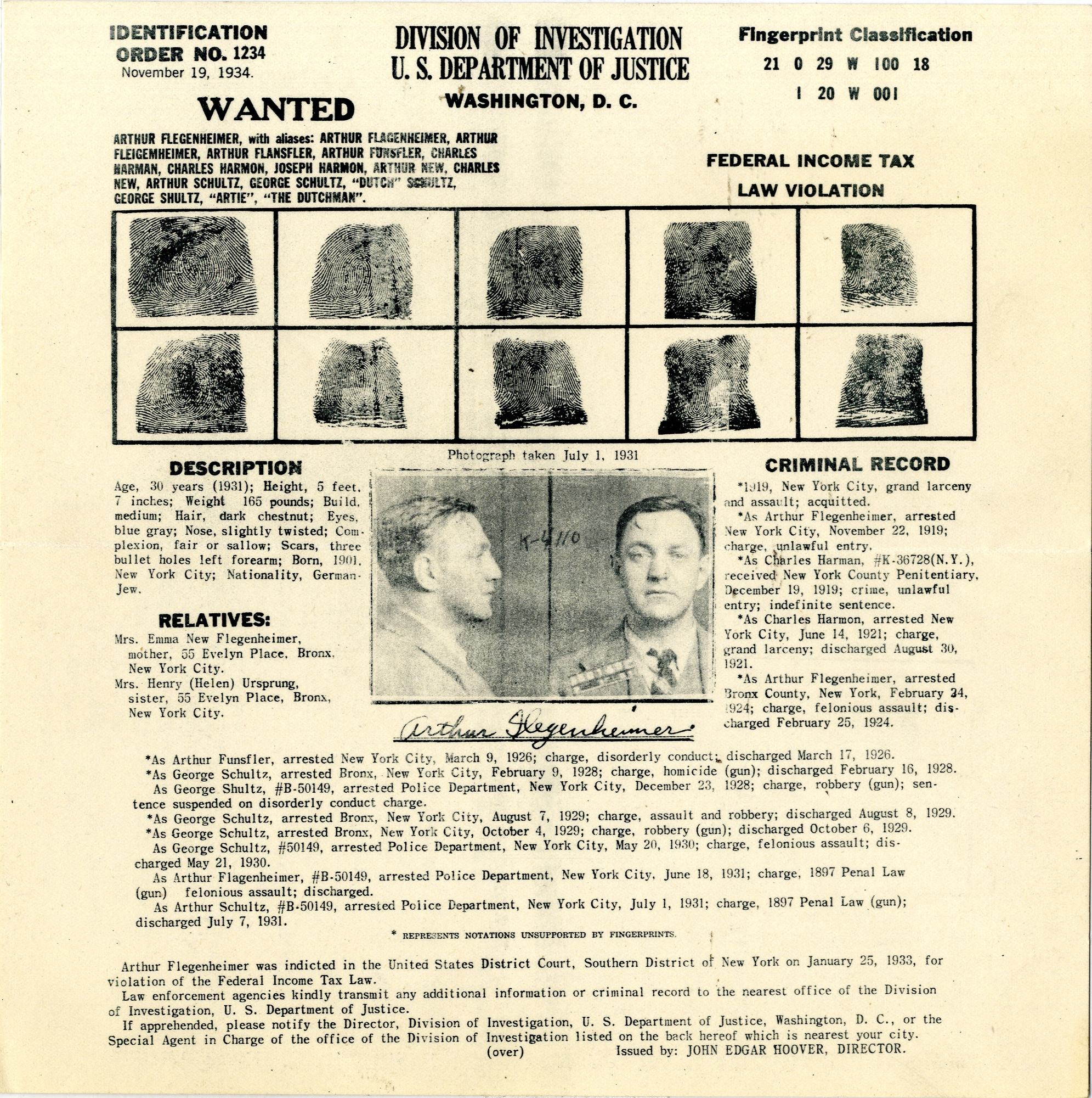 Identification Order No. 1234 for Arthur Flegenheimer with a long list of aliases, ten fingerprints, front and profile photographs taken July 1, 1931, description, relatives and criminal record.