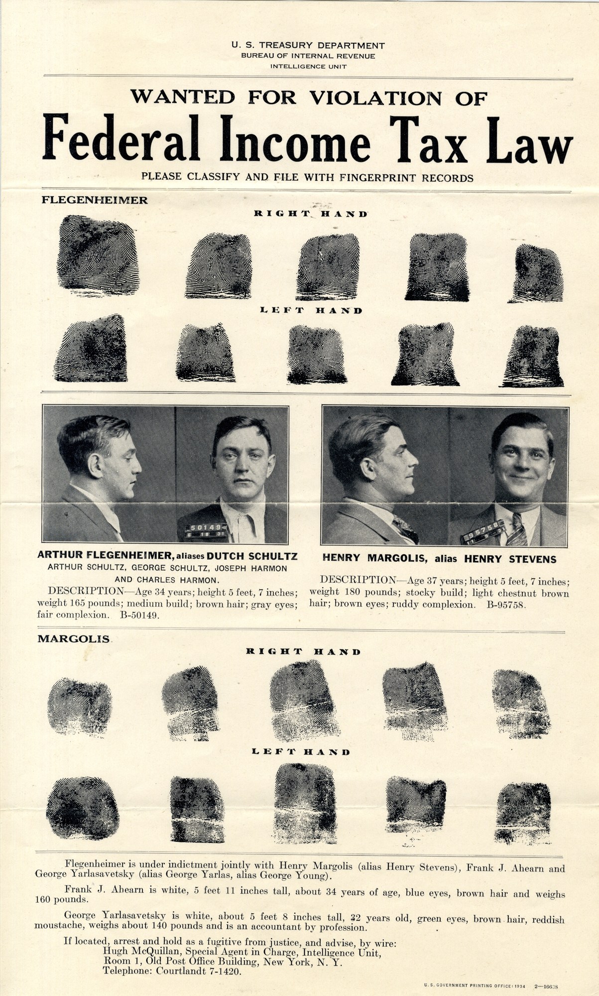 Treasury broadside headed Wanted for Violation of Federal Income Tax Law, with two rows of fingerprints and booking photographs for Flegenheimer at the top and Margolis at the bottom.
