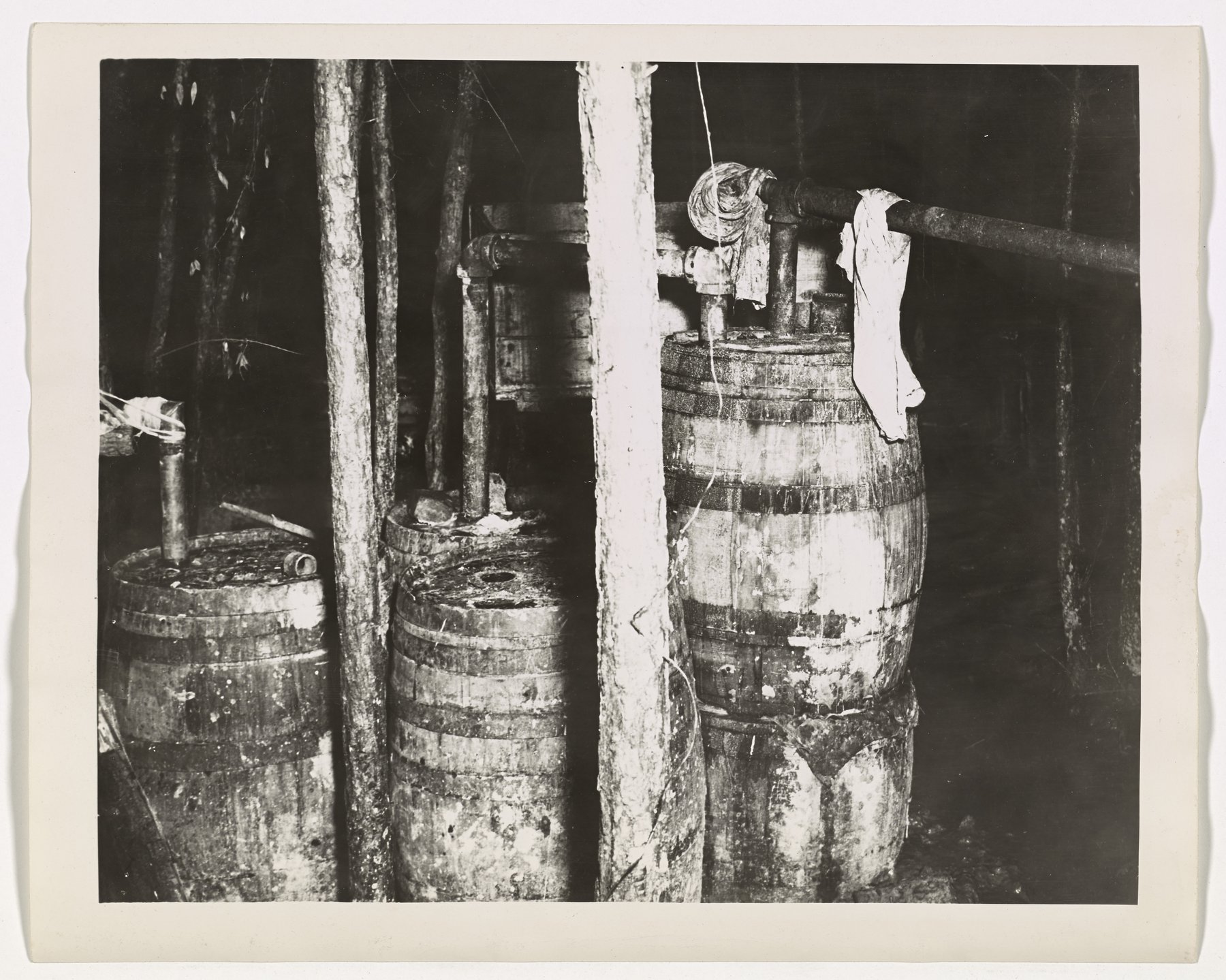 Mounted print of stained wooden barrels stacked among thin tree trunks, joined by pipes to a horizontal pipe overhead with a coil of rope and a cloth hanging from it, against a dark background.