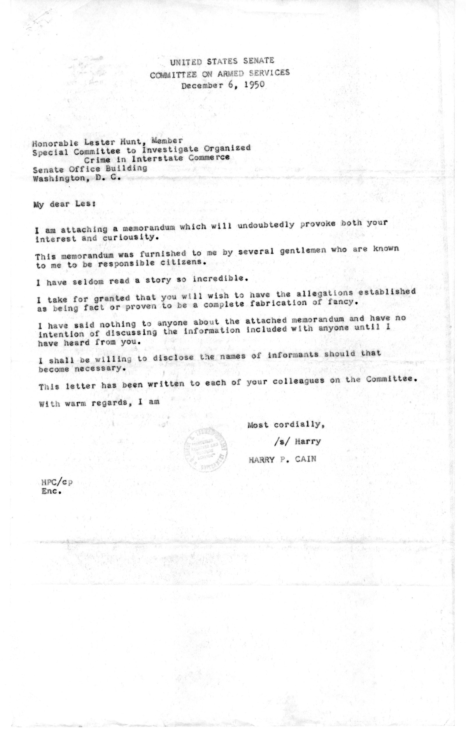 Page 1: a typed letter on the letterhead of the United States Senate Committee on Armed Services, dated December 6, 1950, to Honorable Lester Hunt, Member, Special Committee to Investigate Organized Crime in Interstate Commerce, signed "/s/ Harry" over the typed name Harry P. Cain.