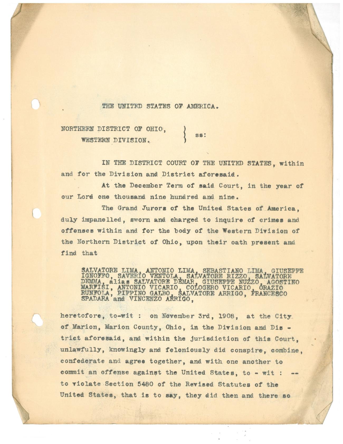 First typed page of a 1909 federal indictment from the Northern District of Ohio, Western Division, naming sixteen defendants and a conspiracy at Marion, Ohio.