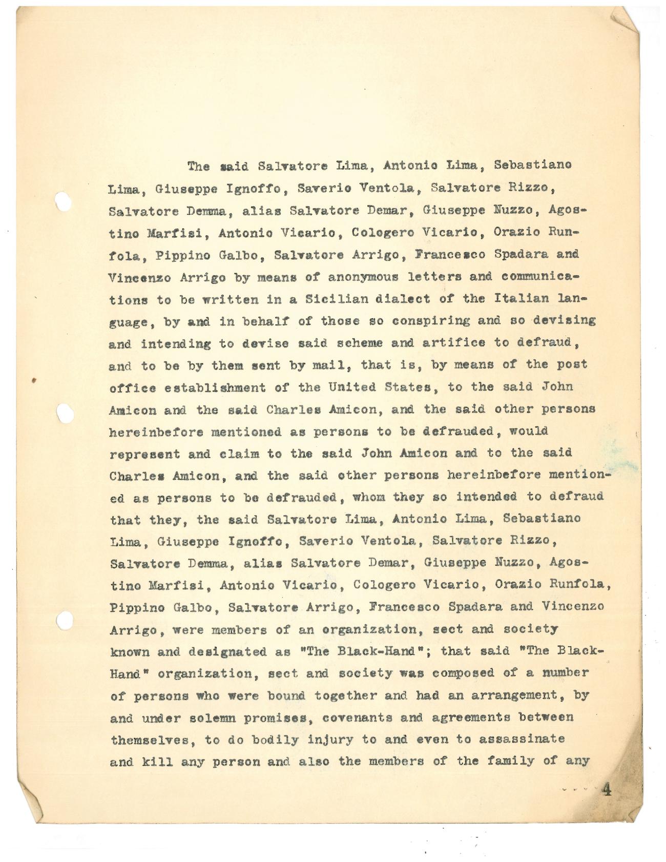 Typed indictment page numbered 4, naming the sixteen defendants and alleging they were members of an organization 'known and designated as "The Black-Hand"'.