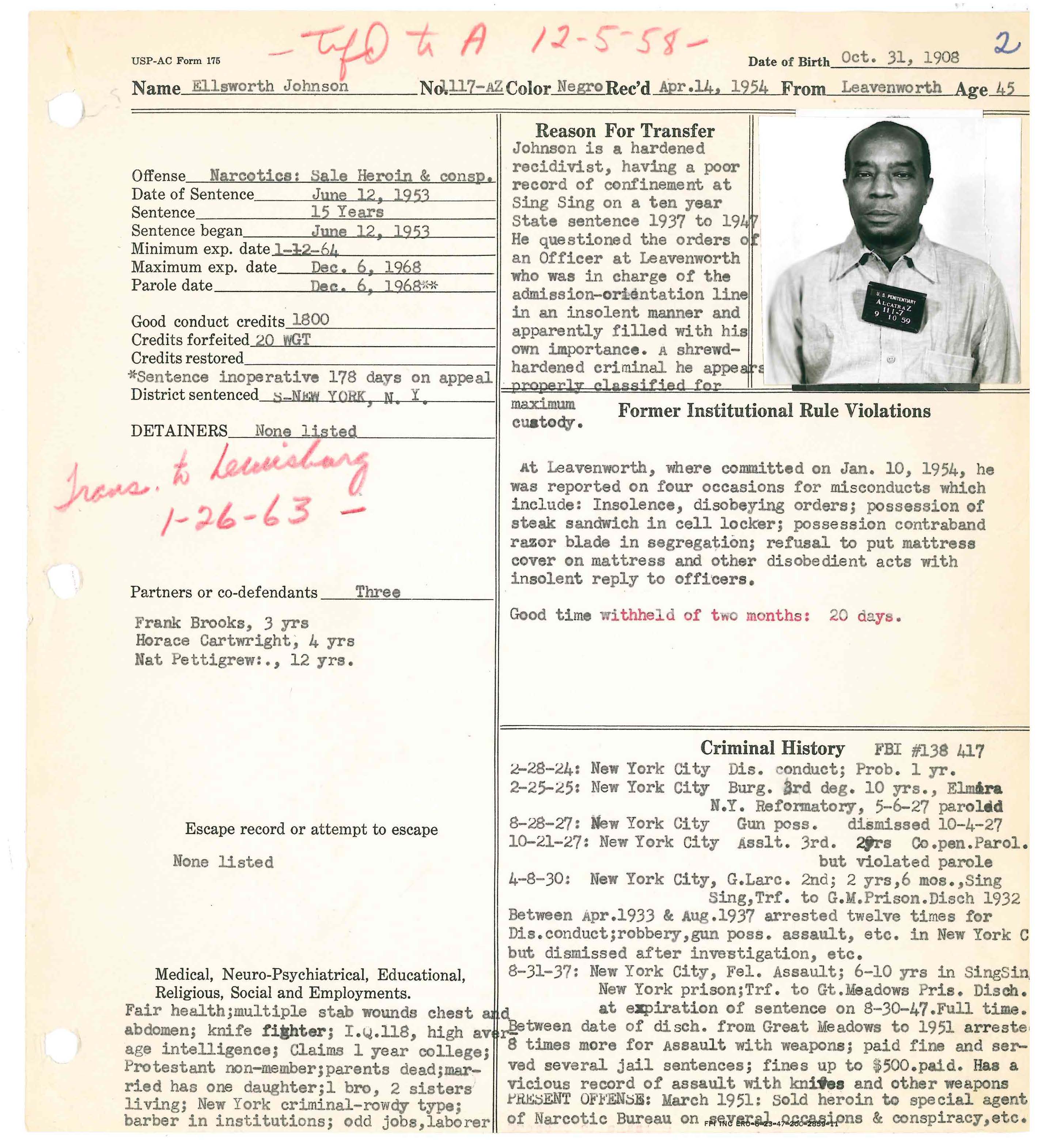 Alcatraz warden's notebook page with the identification photograph of Ellsworth Johnson above typed commitment details.