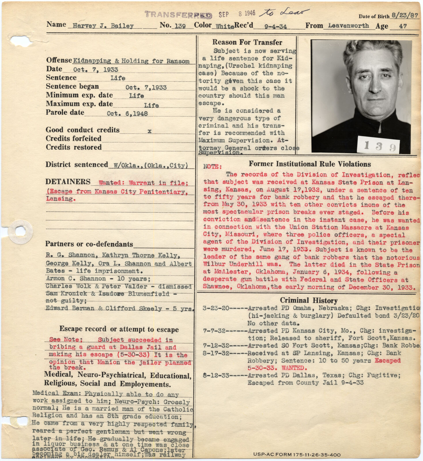 Alcatraz warden's notebook page with the identification photograph of Harvey J. Bailey holding a card numbered 139, above typed commitment details and a stamp reading transferred Sep 8 1946.
