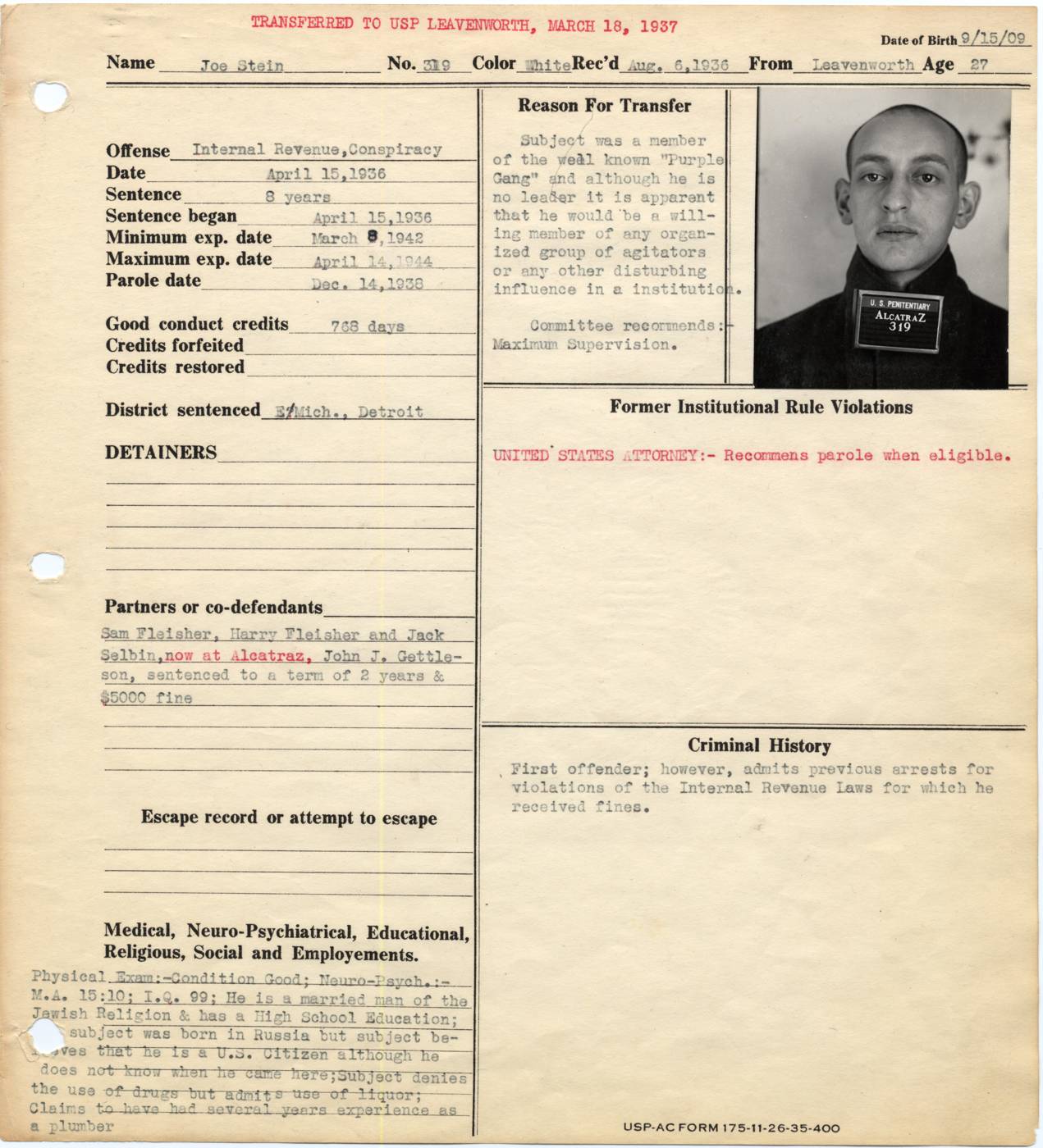 Alcatraz warden's notebook page for Joe Stein, No. 319, with a front-view identification photograph, placard reading Alcatraz 319, and a stamp reading transferred to USP Leavenworth March 18, 1937
