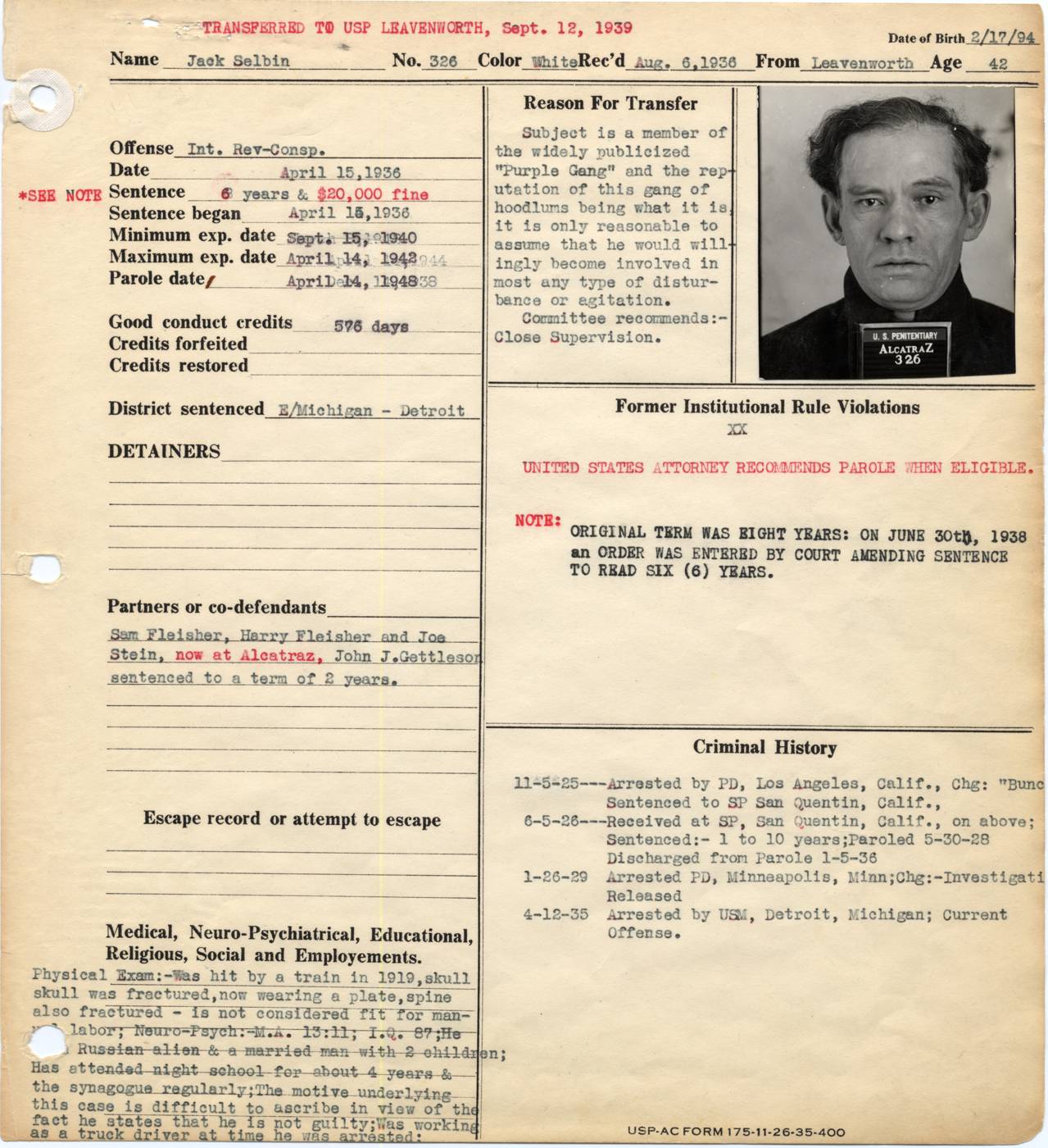 Alcatraz warden's notebook page for Jack Selbin, No. 326, with a front-view identification photograph, placard reading Alcatraz 326, and a stamp reading transferred to USP Leavenworth Sept. 12, 1939