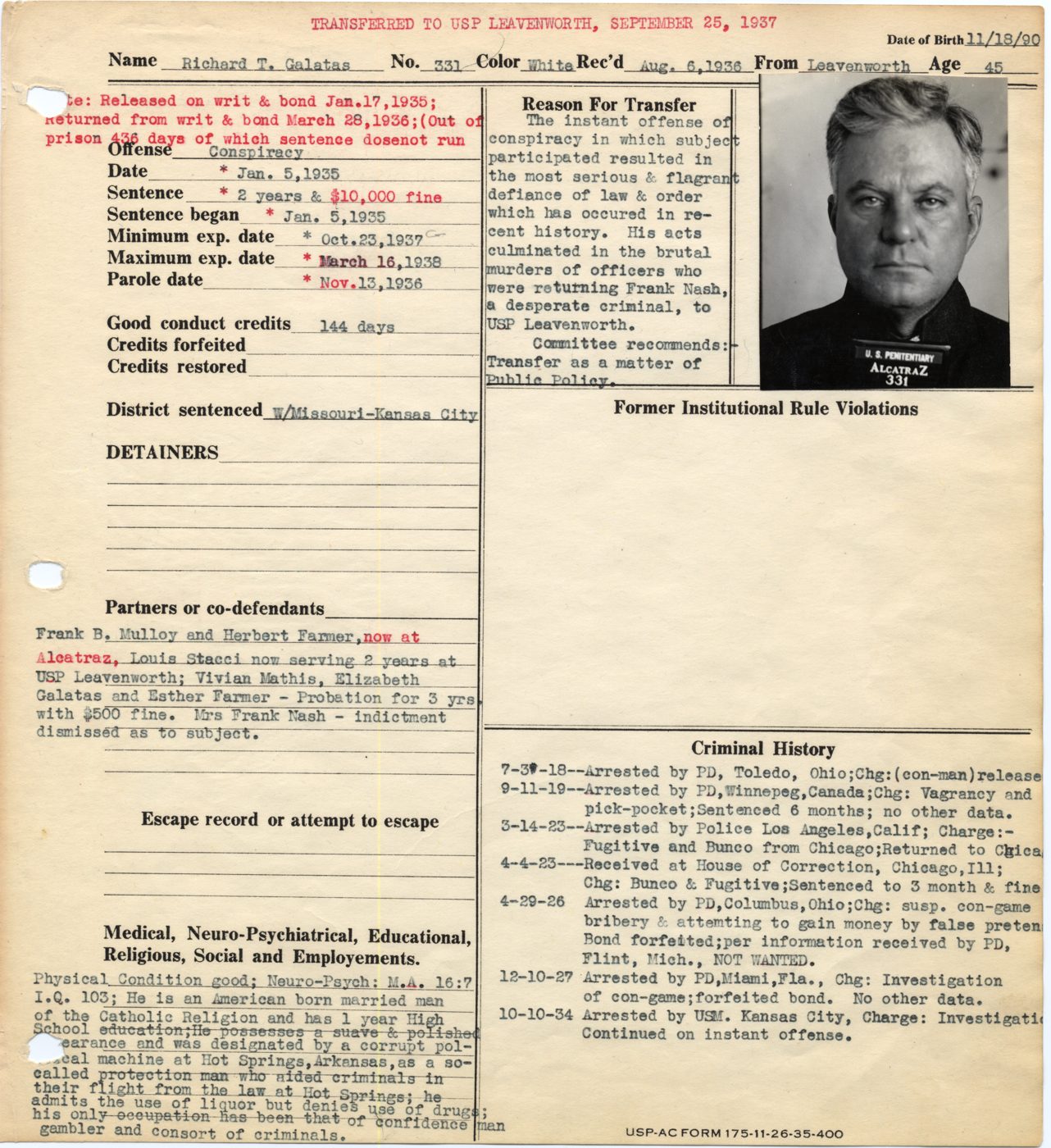 Warden's Notebook page for Alcatraz inmate 331, Richard T. Galatas, with a mug shot, sentence details and a Reason For Transfer box