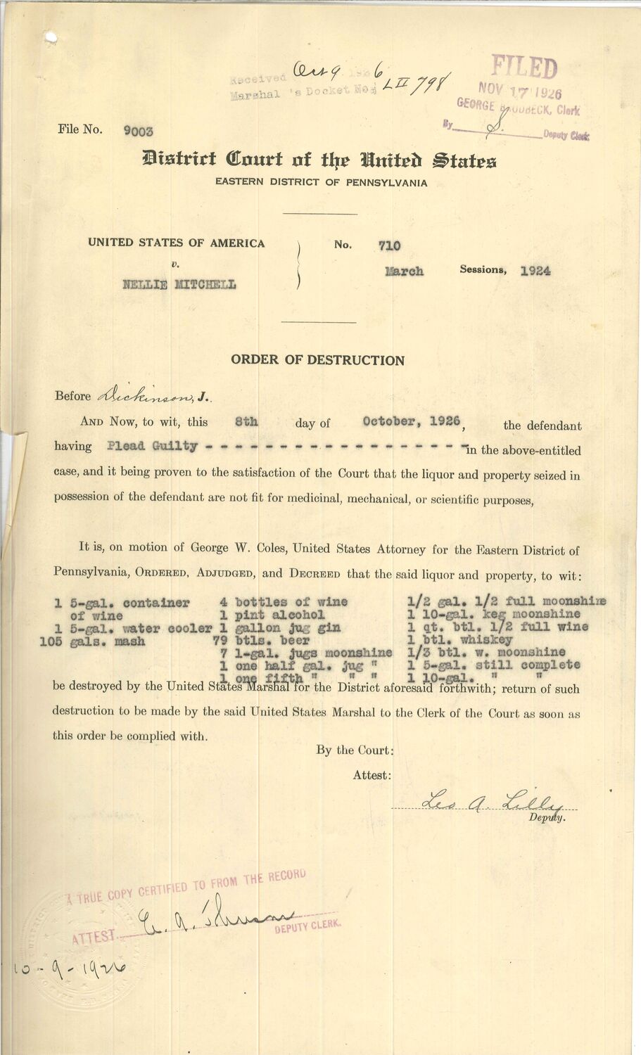 Typed district-court order of destruction for seized liquor and a five-gallon still.