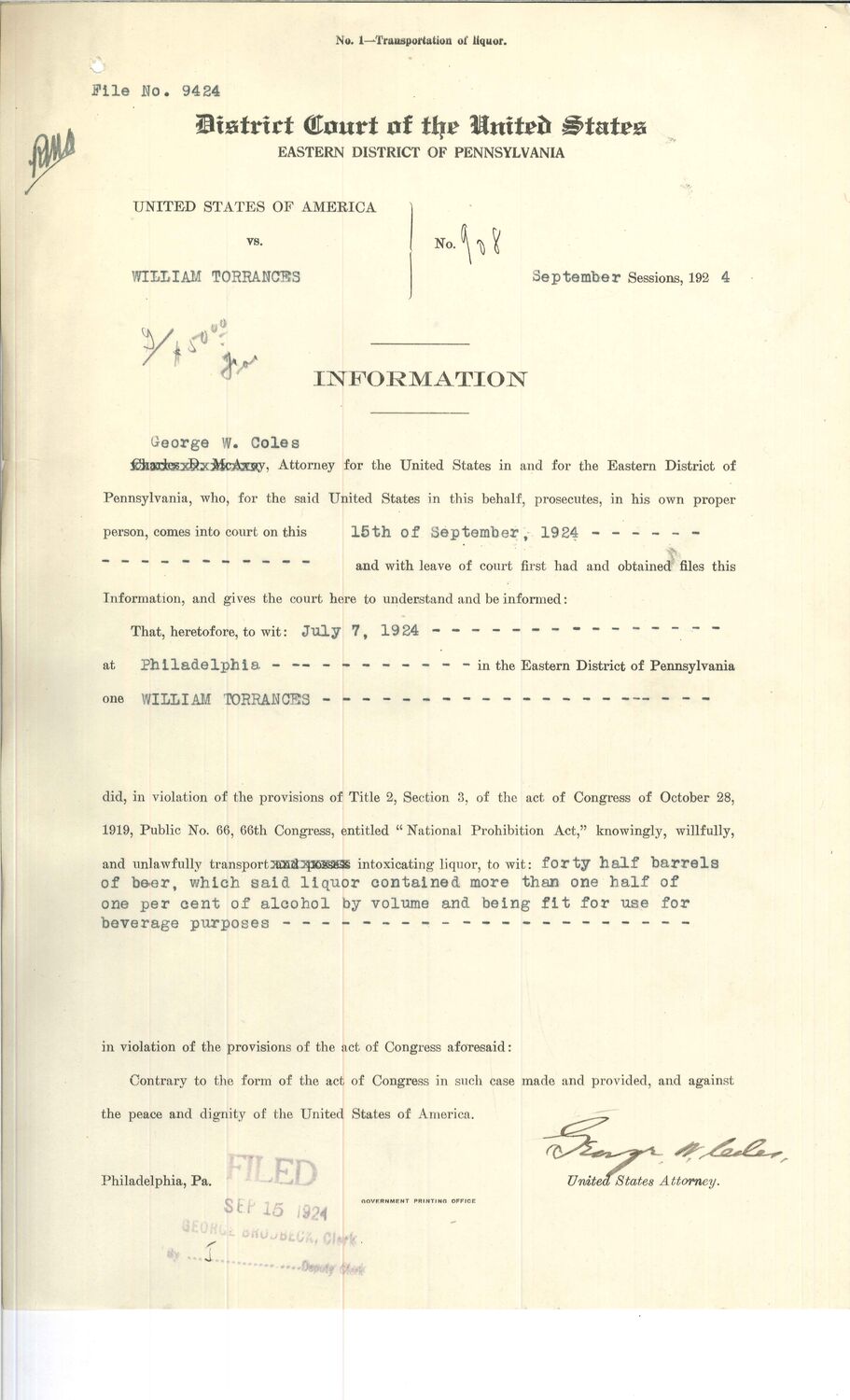 Typed information filed in the Eastern District of Pennsylvania charging transport of beer in violation of the National Prohibition Act.