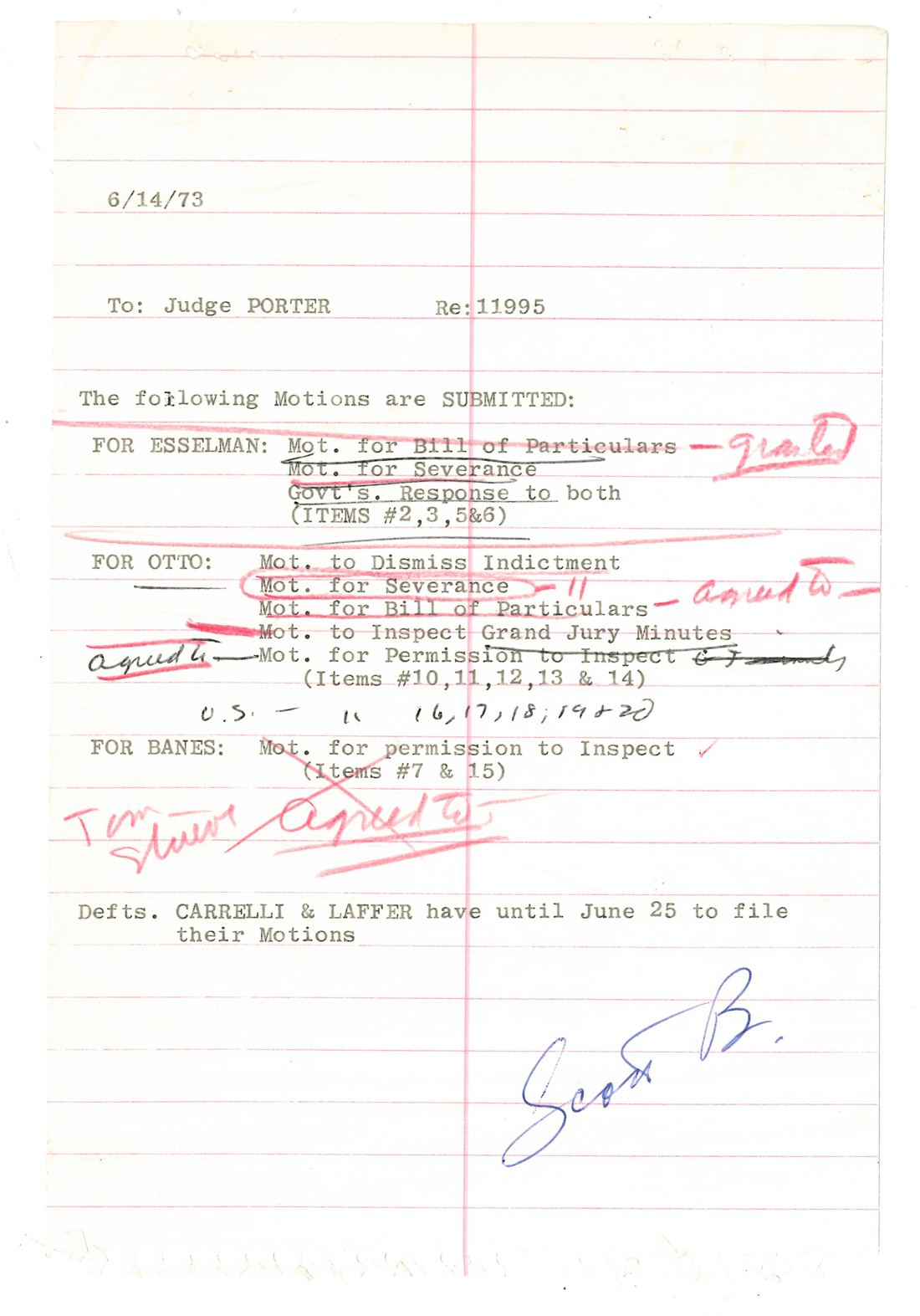 Typed note on pink-ruled paper dated 6/14/73 to Judge Porter, Re: 11995, listing defendants' pending motions, with red handwritten annotations and a blue signature