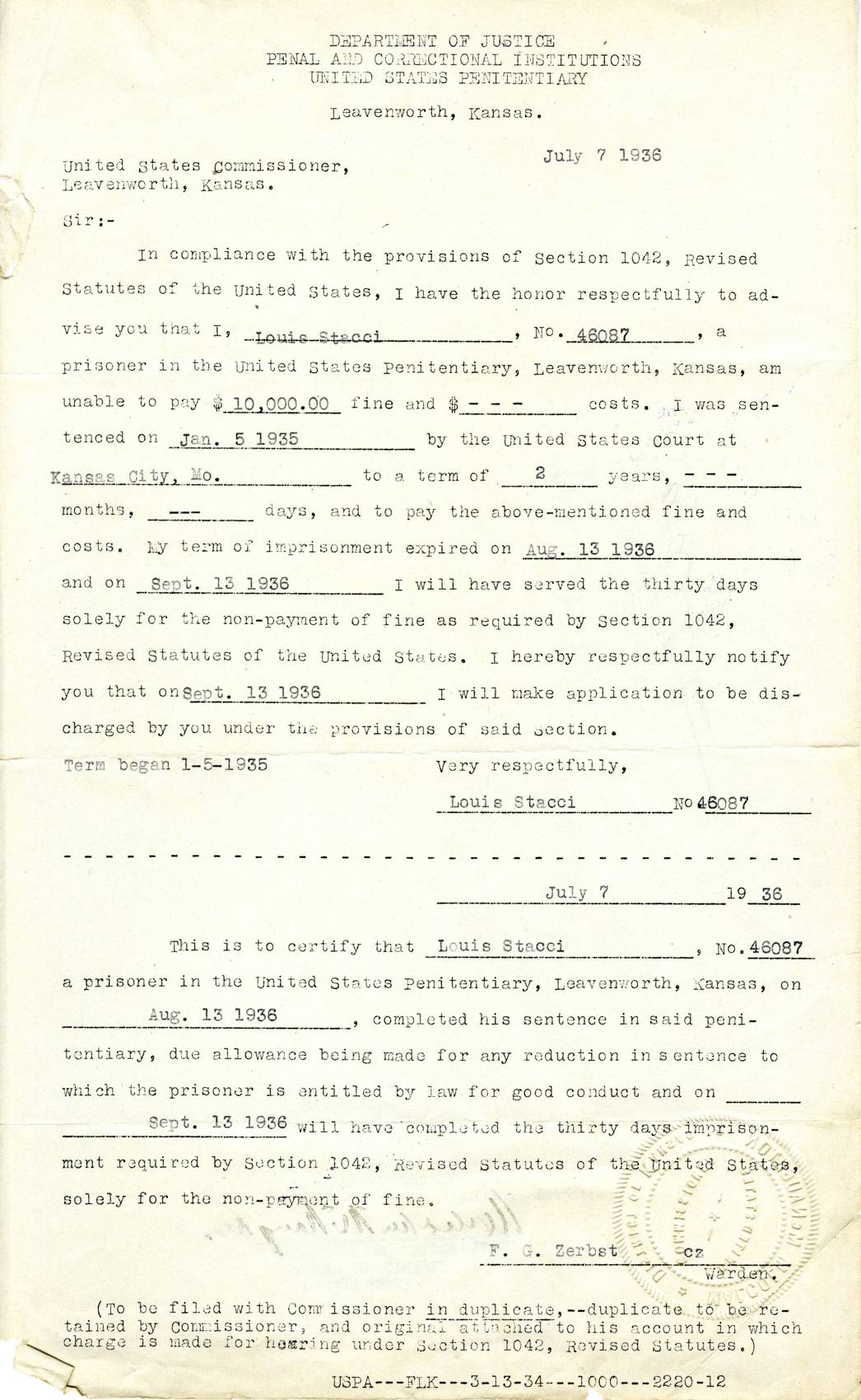 A Leavenworth penitentiary form dated July 7, 1936 in which prisoner Louis Stacci, No. 46087, states he cannot pay a $10,000 fine, certified by Warden Zerbst
