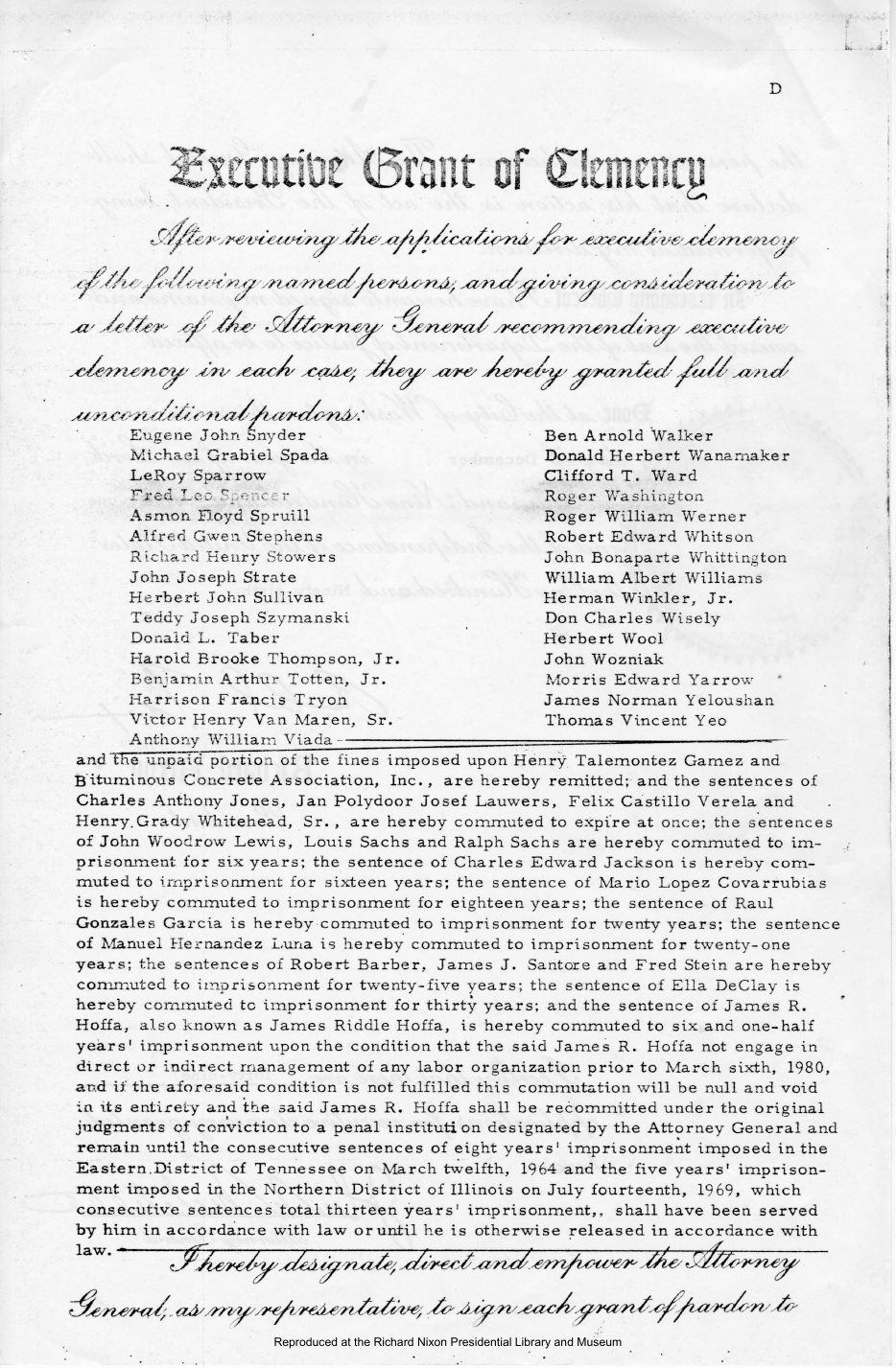 Page headed "Executive Grant of Clemency": a two-column list of pardoned persons, then a typed paragraph commuting James R. Hoffa's sentence on condition that he not manage a labor organization before March 6, 1980.