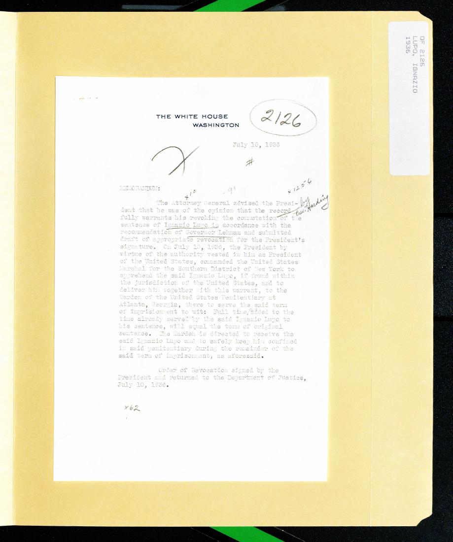 Typed White House memorandum dated July 10, 1936, on revoking the commutation of Ignazio Lupo's sentence, clipped inside a folder tabbed 'OF 2126 Lupo, Ignazio 1936', with a circled '2126' and pencil marks.