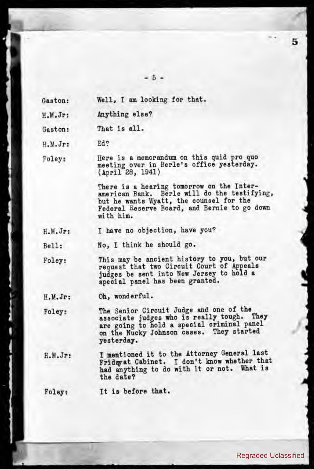Typed transcript page numbered 5 of a Treasury conference: Foley tells H.M. Jr. that two circuit judges will hold a special criminal panel on the Nucky Johnson cases.