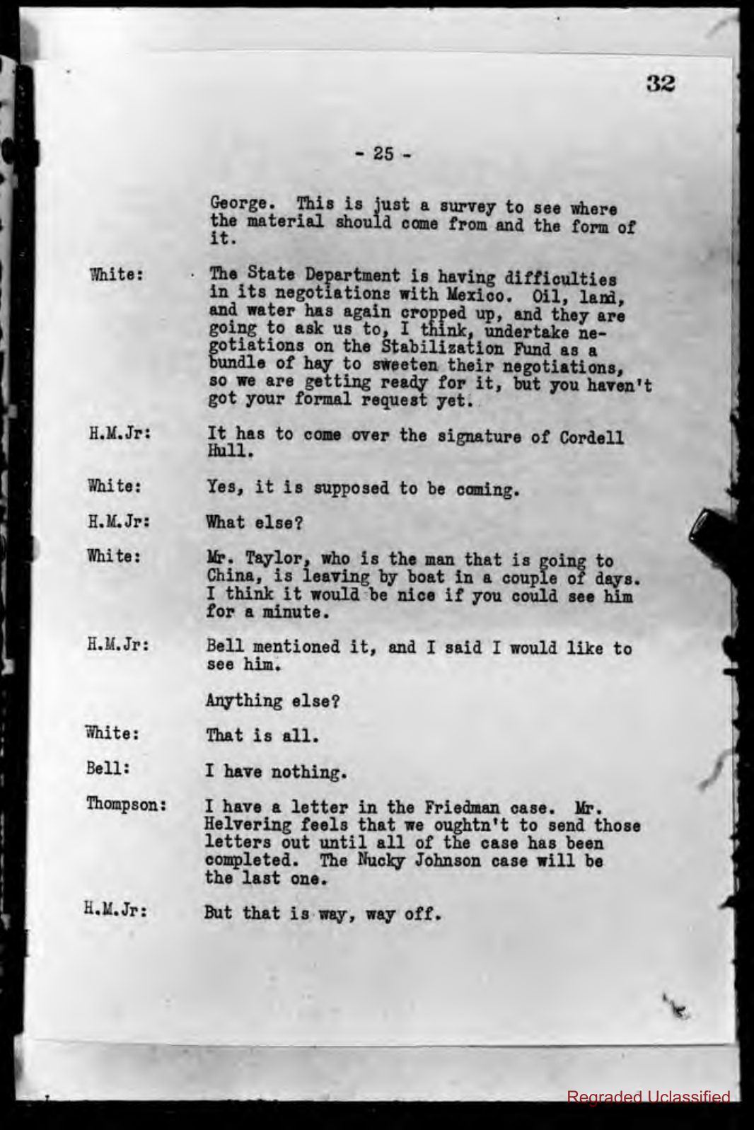 Typed transcript page numbered 25 of a Treasury conference: Thompson says he has a letter in the Friedman case and that the Nucky Johnson case will be the last one.