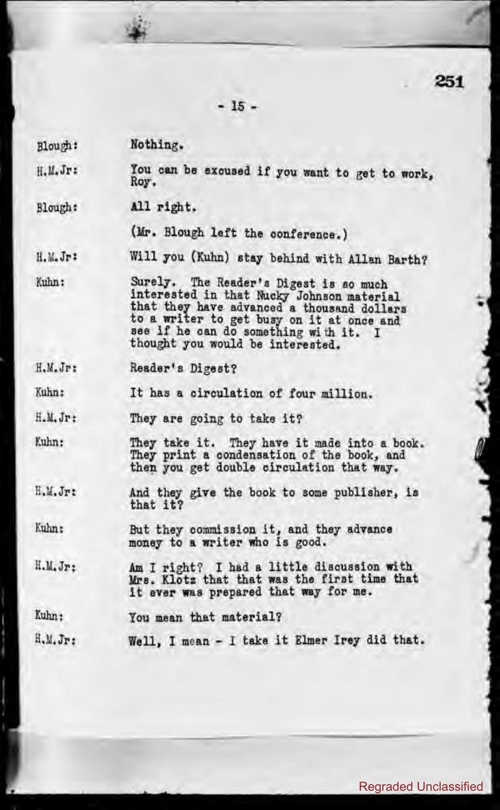 Typed transcript page numbered 15 of a Treasury conference: Kuhn says the Reader's Digest is interested in the Nucky Johnson material and has advanced a thousand dollars to a writer.