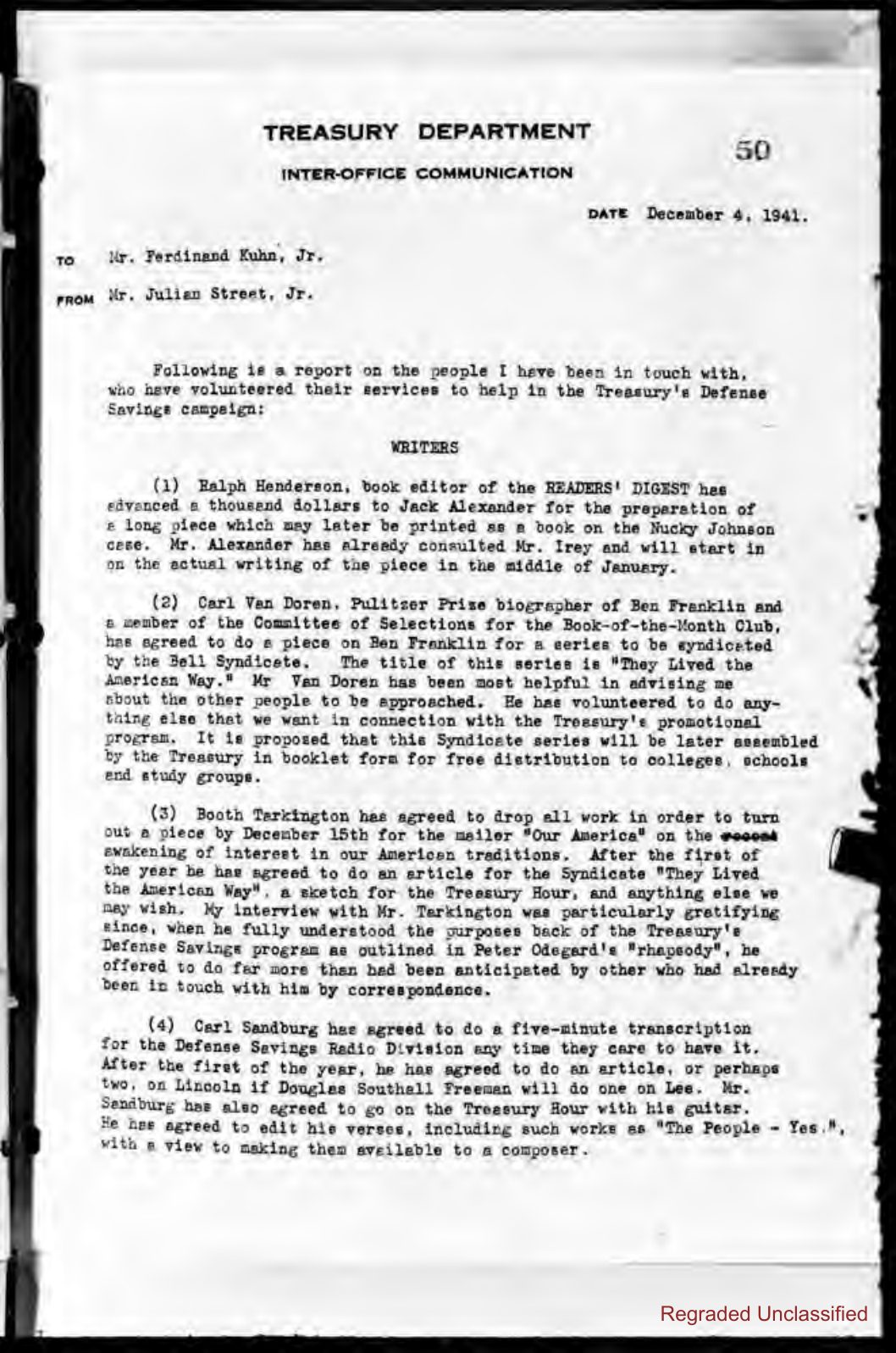 Treasury Department inter-office communication dated December 4, 1941 from Julian Street, Jr. to Ferdinand Kuhn, Jr., listing writers, the first entry about Jack Alexander and the Nucky Johnson case.