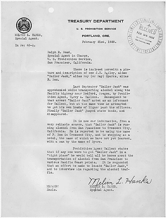 Single typed page of a Bureau of Prohibition letter about liquor transport from California to Washington.