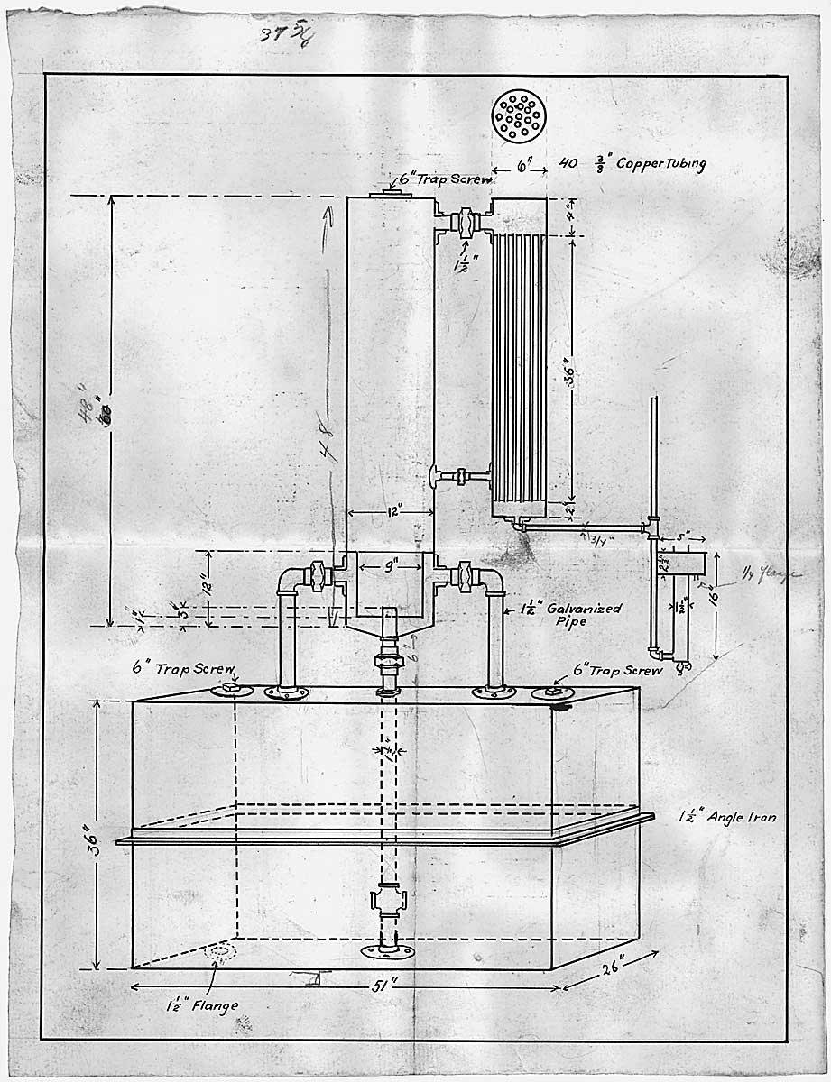 Pencil-and-ink technical drawing of a still: a rectangular tank marked 51 by 26 by 36 inches, a 12-inch column 48 inches tall, a condenser of 3/8-inch copper tubing, galvanized pipe and angle iron.