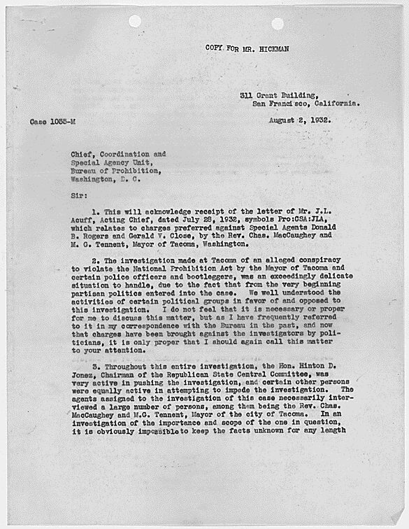 First page of a typed Bureau of Prohibition letter about the Tacoma investigation.