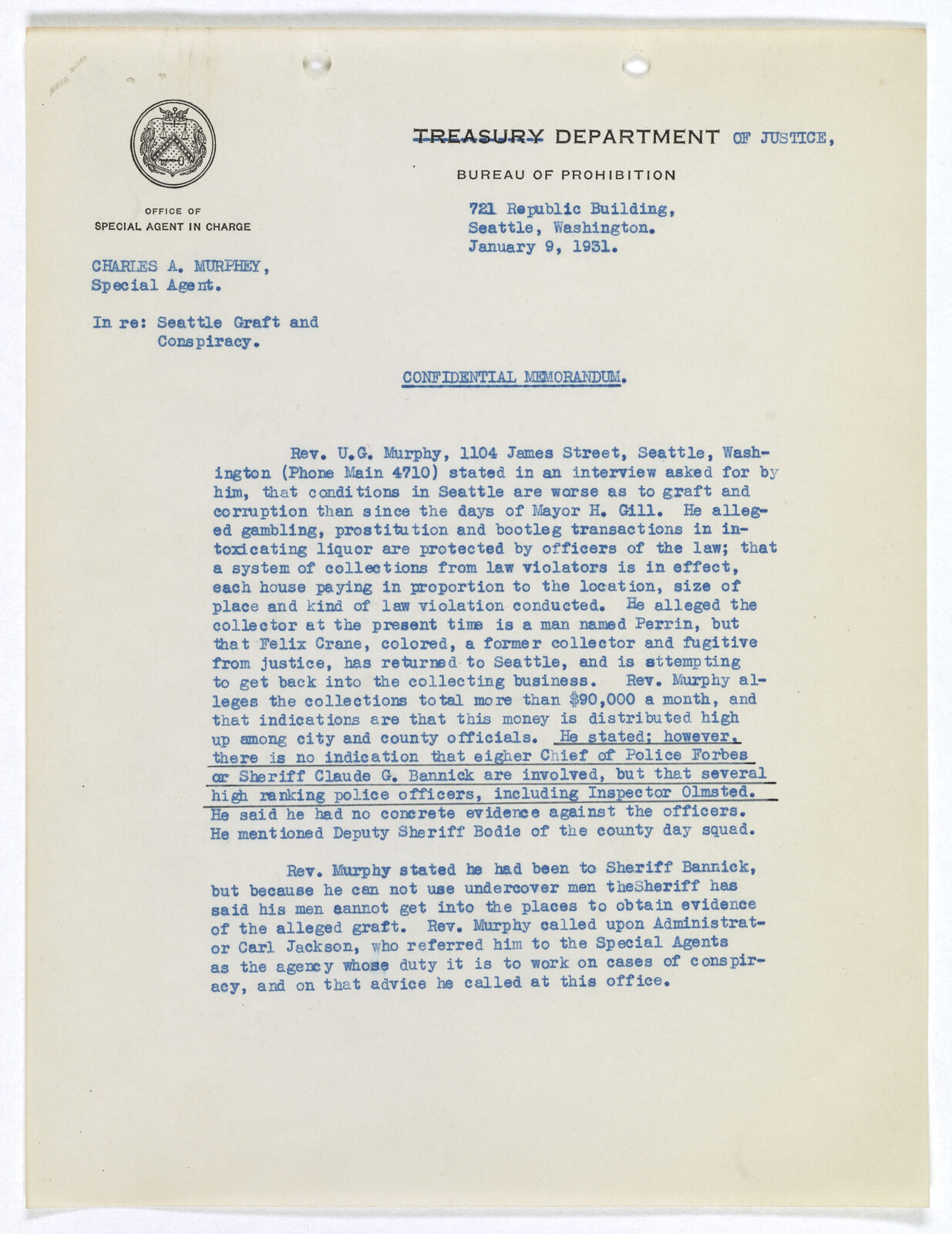 First page of a confidential typed Bureau of Prohibition memorandum from Seattle.
