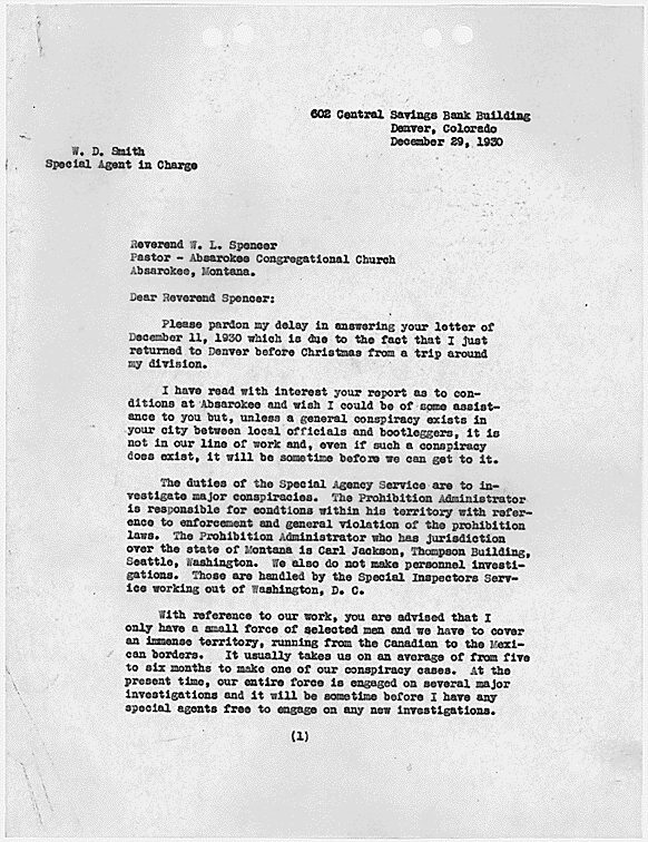 First page of a typed Bureau of Prohibition letter from the Denver office.