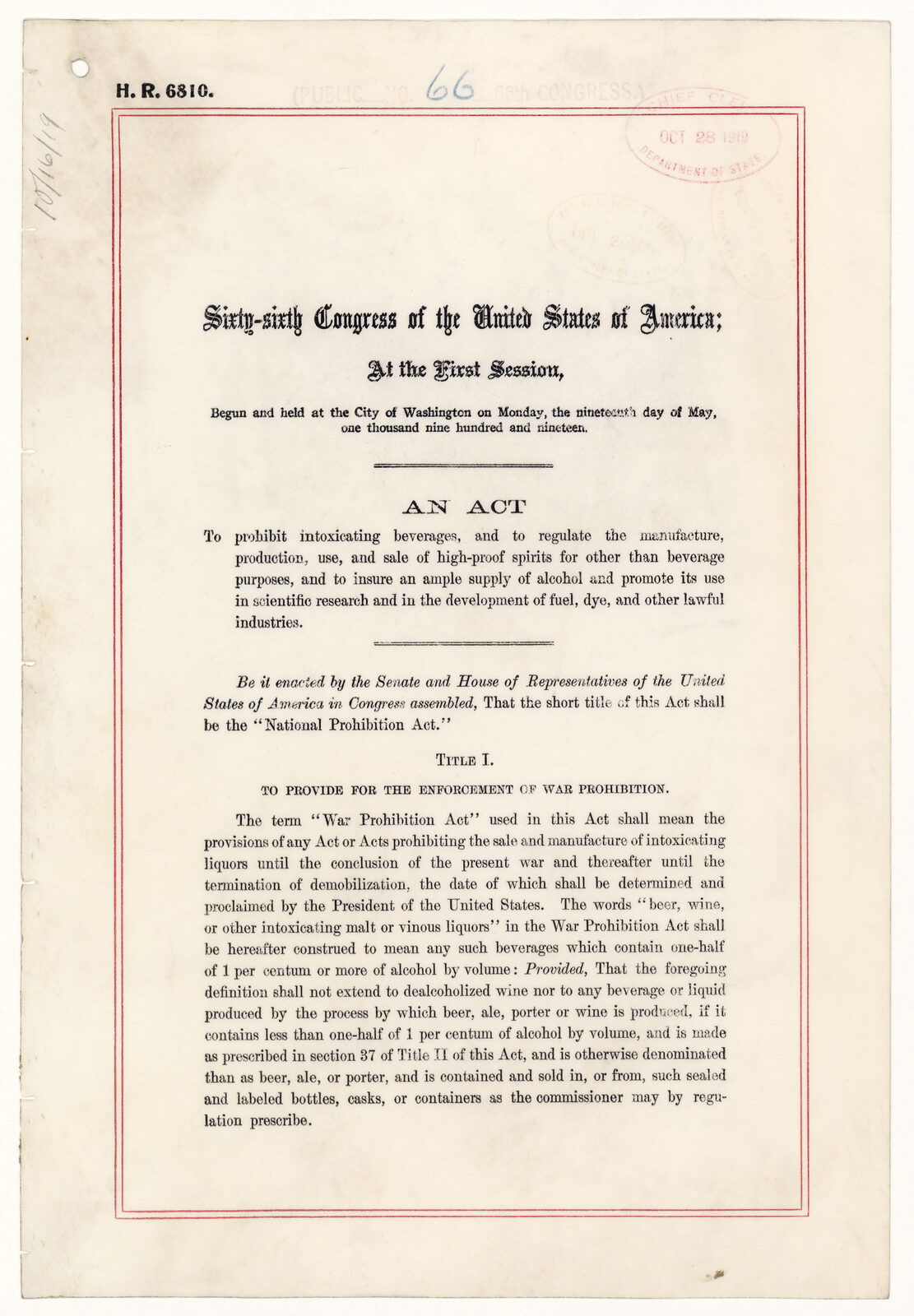 First page of the enrolled National Prohibition Act of 1919 with its title, short title and a Department of State stamp.