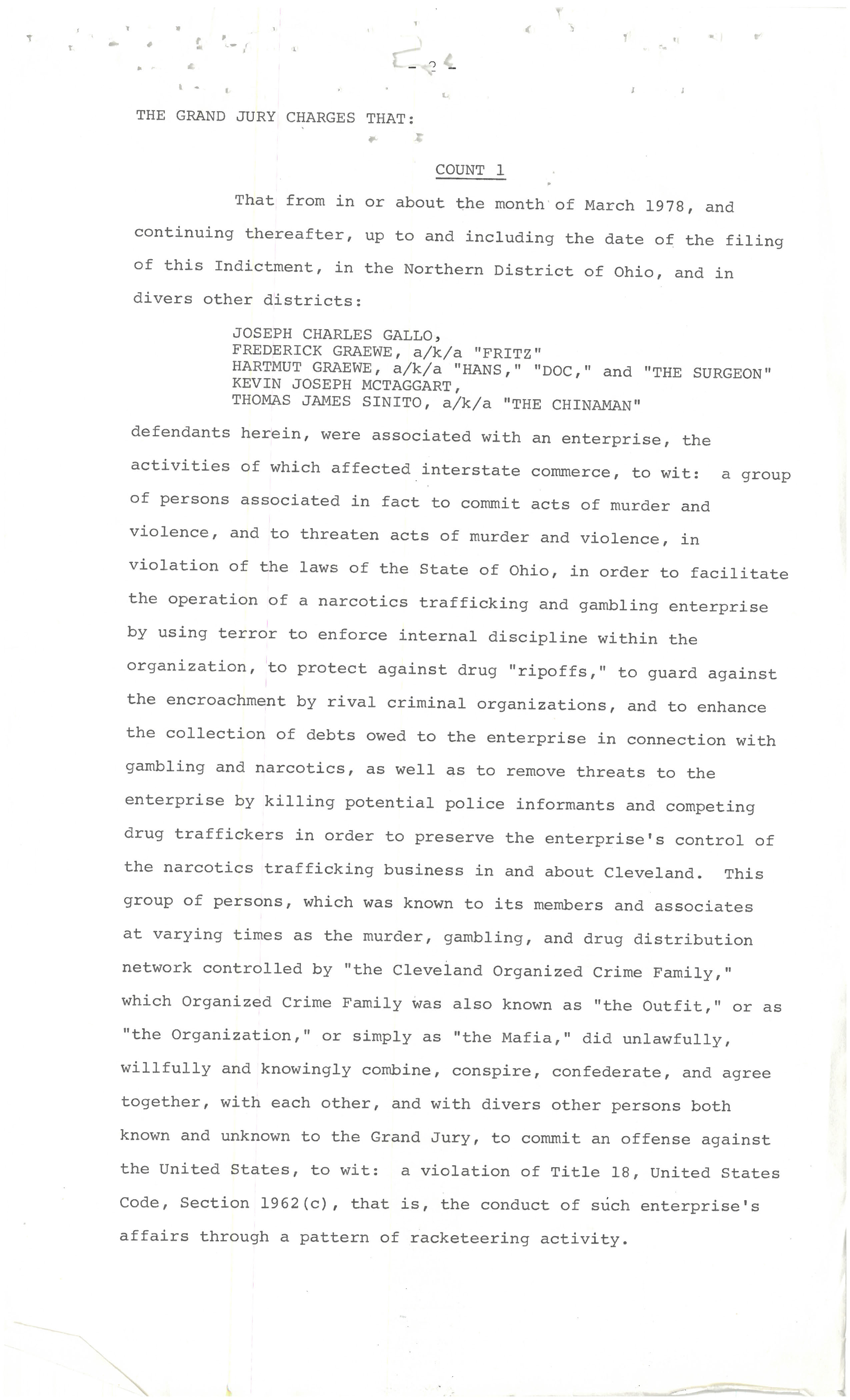 Page 2 of the superseding indictment in United States v. Gallo, Count 1, alleging an enterprise known as the Cleveland Organized Crime Family
