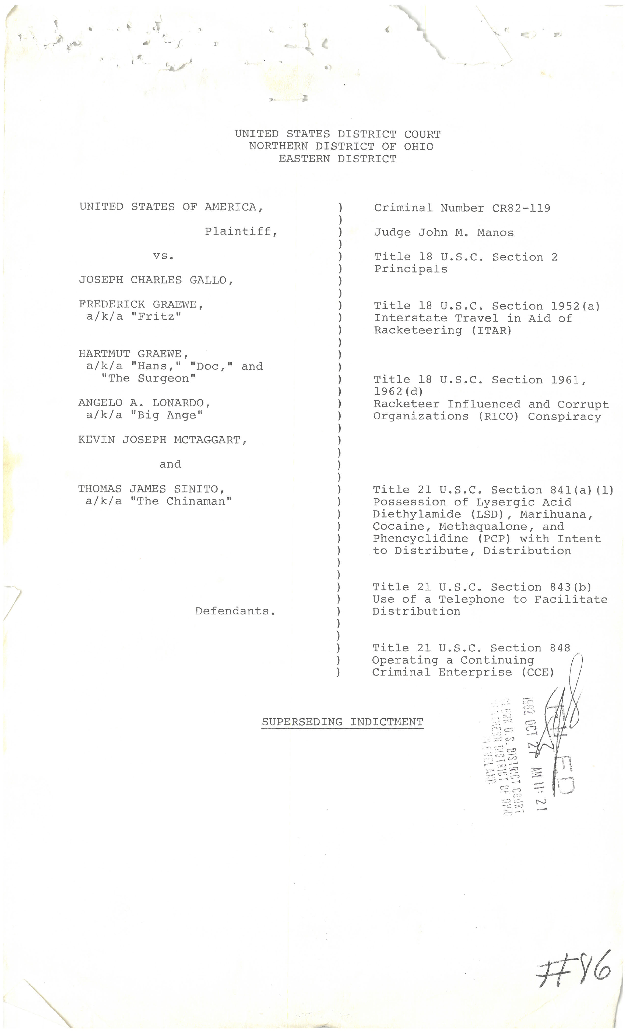 Cover page of the superseding indictment, United States District Court, Northern District of Ohio, Criminal Number CR82-119, Judge John M. Manos, with the clerk's filing stamp of October 27, 1982