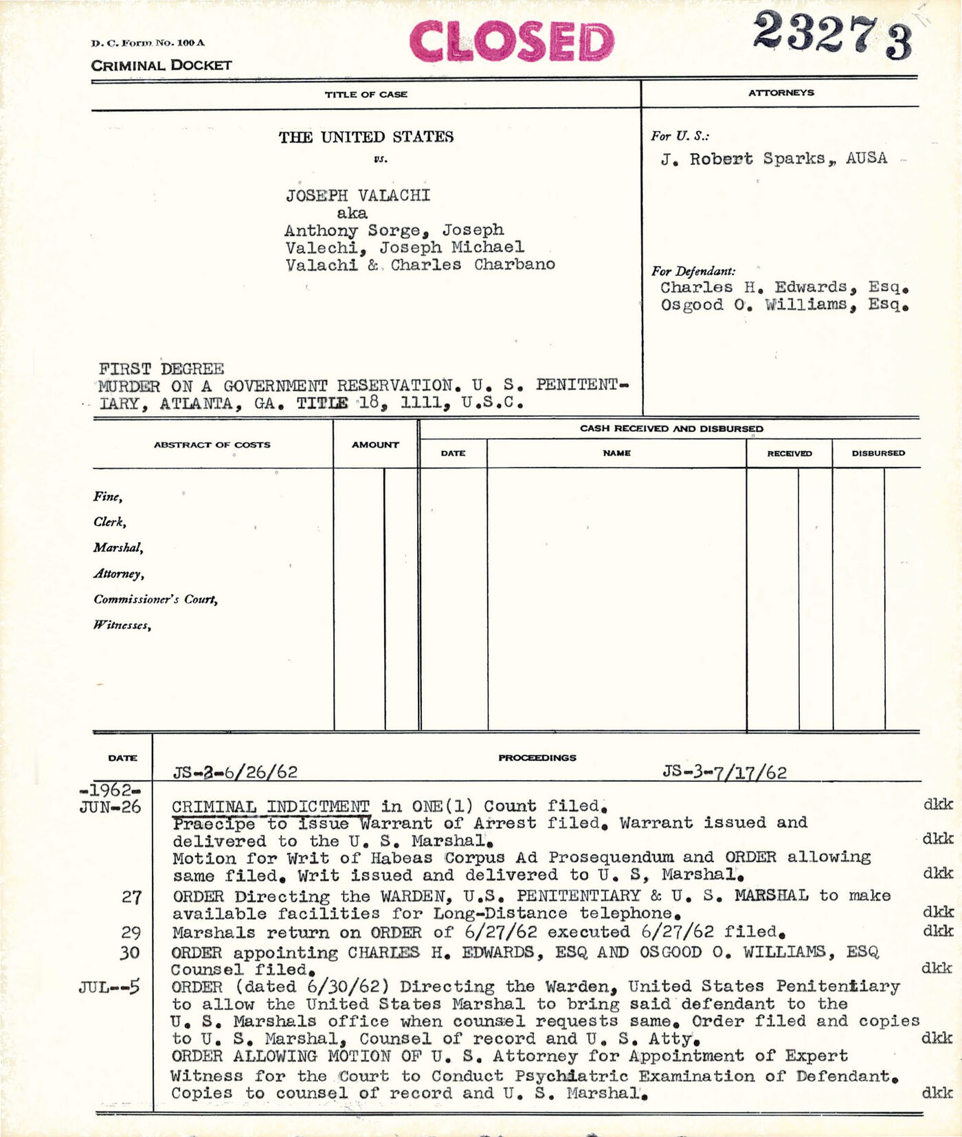 Typed criminal docket form numbered 23273 and stamped "Closed", titled The United States vs. Joseph Valachi, with attorneys at right and proceedings from June 26, 1962 below.