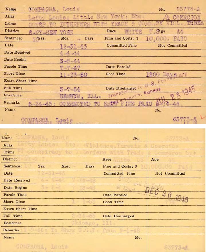 Two typed yellow prisoner index cards for Compagna, Louis, No. 63773-A, alias Lefty Louie; Little New York, one stamped Transferred to U.S. Penitentiary Leavenworth, Kansas, Jul 28 1945, the other stamped Discharged by Order of Court Dec 20 1948.