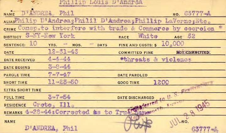 Typed yellow prisoner index card for D'Andrea, Phil, No. 63777-A, headed Phillip Louis D'Andrea, with a purple stamp reading Transferred to U.S. Penitentiary Leavenworth, Kansas, Jul 28 1945.