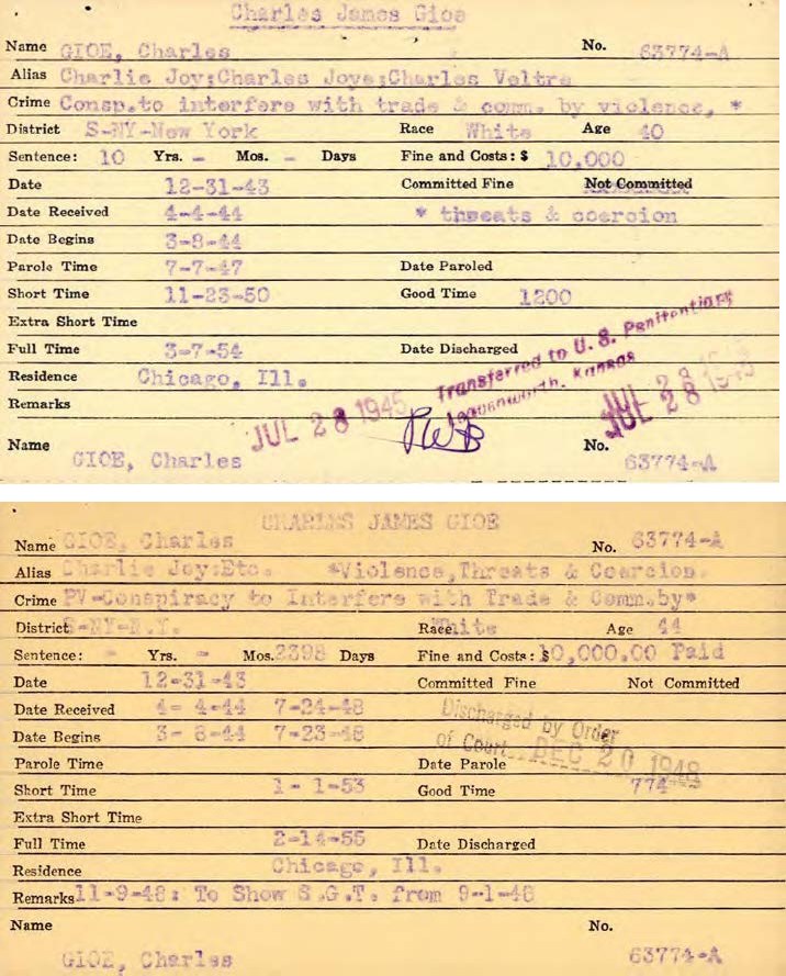 Two typed yellow prisoner index cards for Gioe, Charles, No. 63774-A, alias Charlie Joy; Charles Joye; Charles Veltre, one stamped Transferred to U.S. Penitentiary Leavenworth, Kansas, Jul 28 1945, the other stamped Discharged by Order of Court Dec 20 1948.