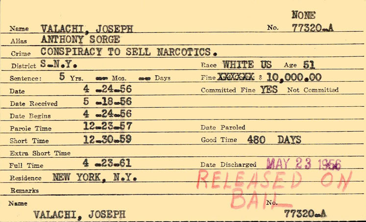Typed yellow prisoner index card for Valachi, Joseph, No. 77320-A, alias Anthony Sorge, with a red stamp reading "Released on bail".