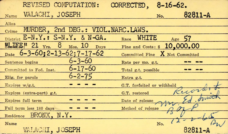 Typed yellow prisoner index card headed "Revised computation: corrected, 8-16-62" for Valachi, Joseph, No. 82811-A, with a handwritten note at lower right.