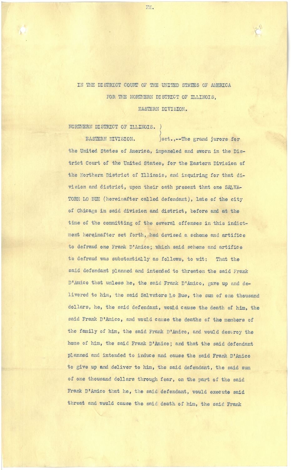 First typed page of a federal indictment in the Northern District of Illinois, Eastern Division, charging Salvatore Lo Bue with a scheme to defraud Frank D'Amico by threats.