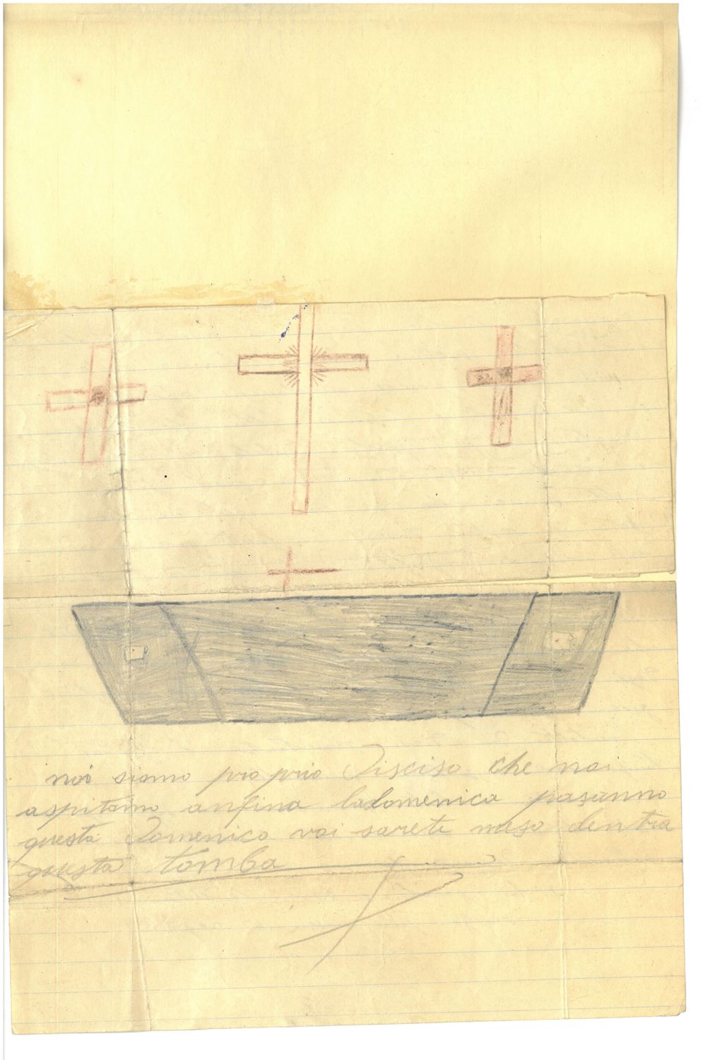 Folded lined sheet with four crosses drawn in red and brown pencil above a shaded grey coffin, and three lines of handwritten Italian ending 'questa tomba'.