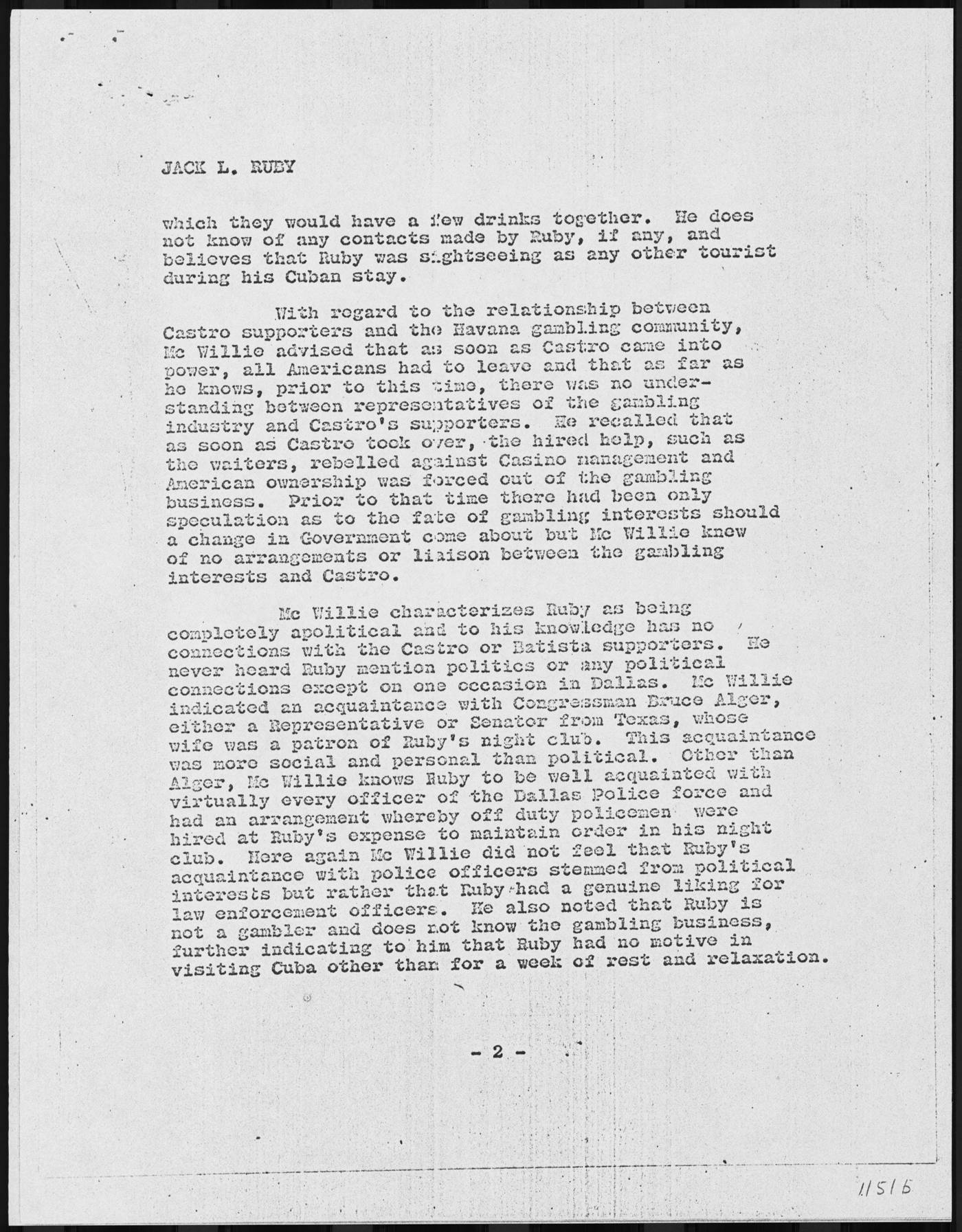 Typed page 2 of an FBI report captioned Jack L. Ruby, with paragraphs on the relationship between Castro supporters and the Havana gambling community and on Ruby's acquaintances in Dallas, page number 2 at the foot.