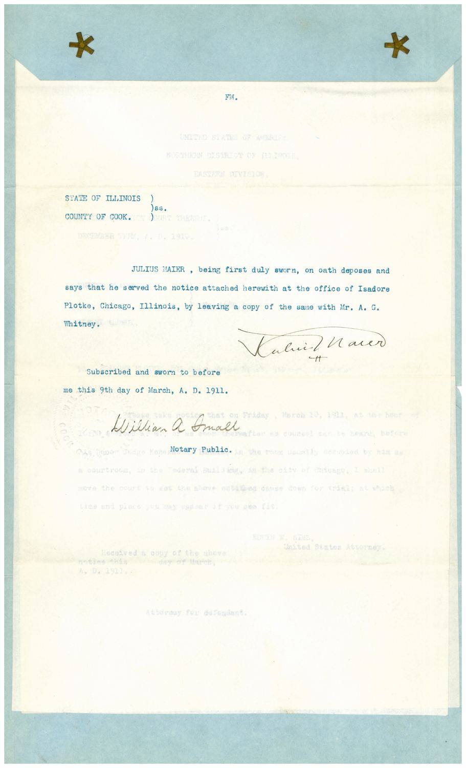 Typed affidavit of service dated 9 March 1911, signed by Julius Maier and notarised by William A. Small, with a faint notice of motion showing through from the page beneath.