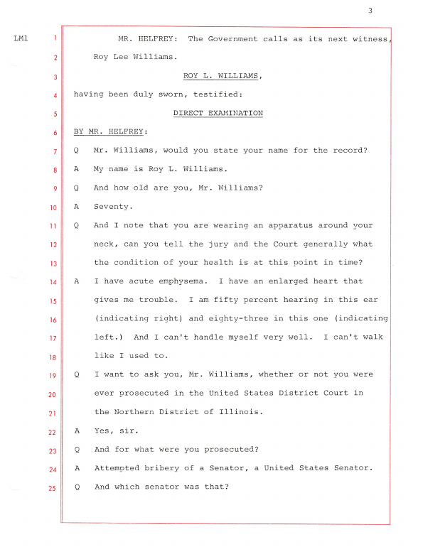 Page 3 of a court transcript, Volume 22, showing the direct examination of Roy L. Williams by Mr. Helfrey, with line numbers 1 to 25