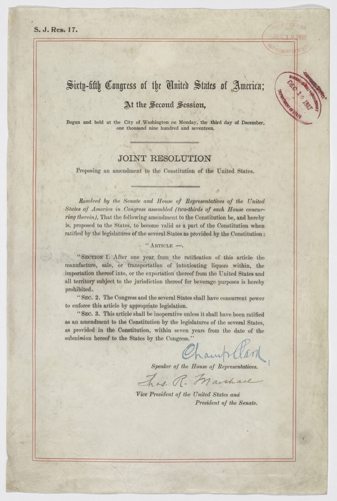 Enrolled joint resolution proposing the Eighteenth Amendment, with typed text and Department of State stamps.