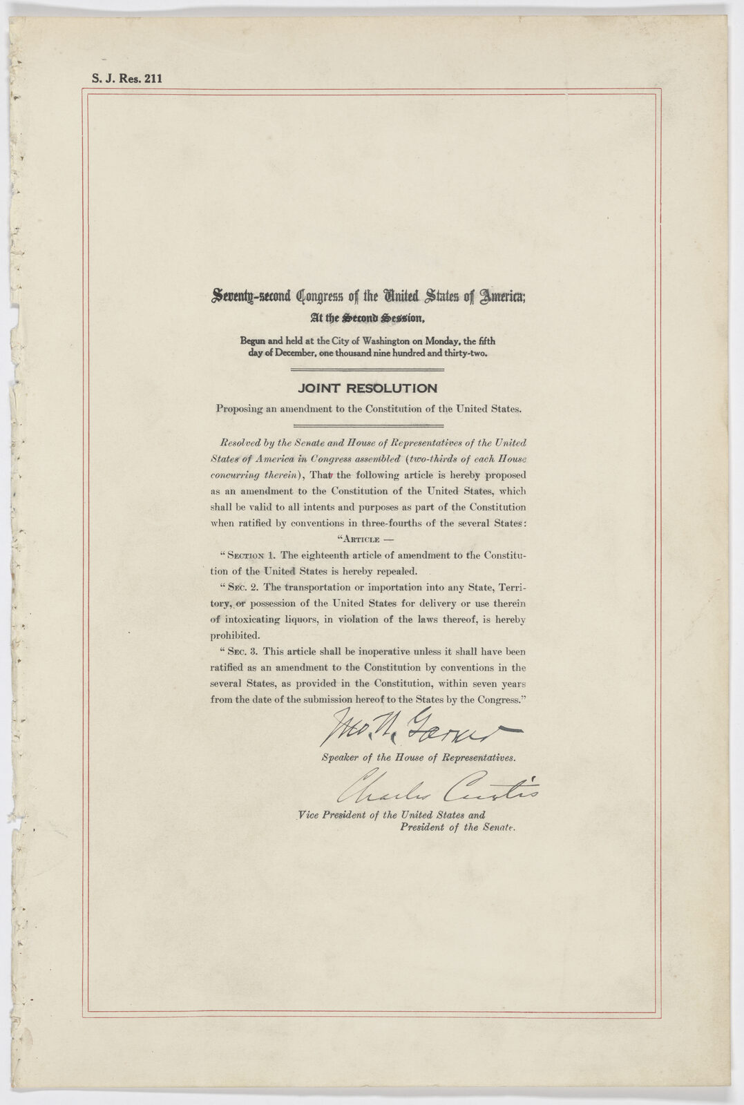 Enrolled joint resolution proposing the Twenty-first Amendment to repeal the Eighteenth Amendment.