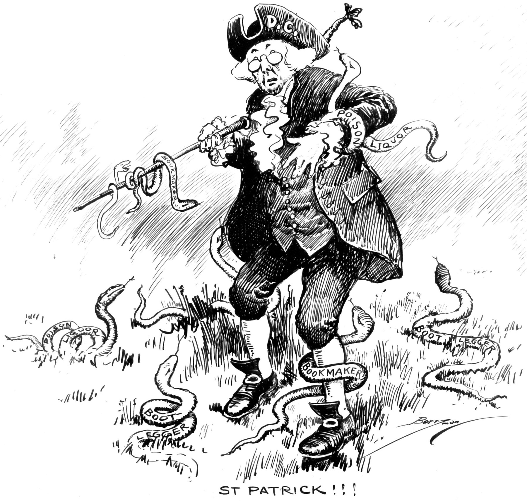 Pen drawing of Mr. D.C. in a tricorn hat recoiling as snakes labelled Poison Liquor, Bootlegger and Bookmaker coil around his cane and legs and lie on the grass.