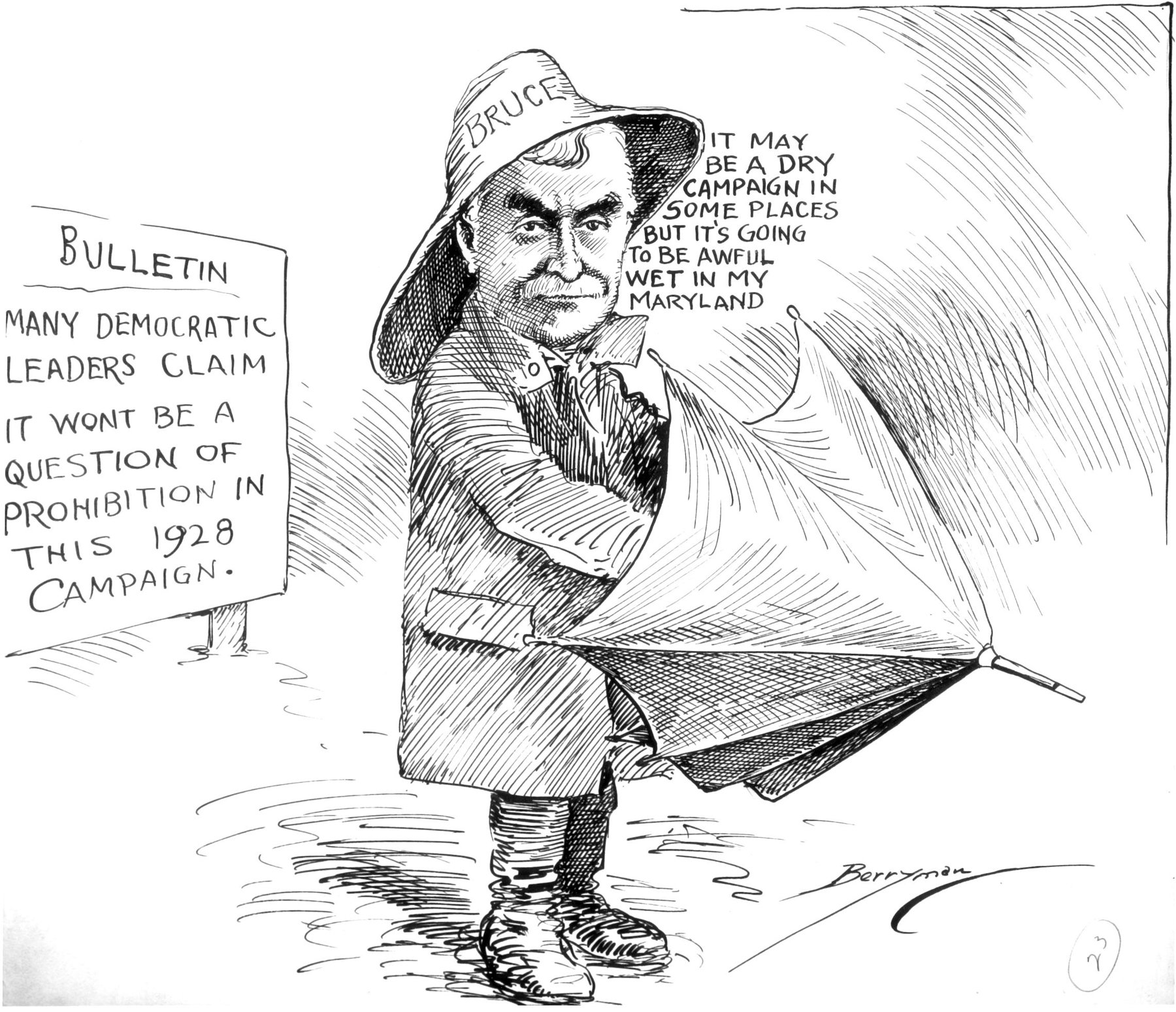 Pen drawing of a man labelled Bruce in a rain hat and raincoat holding an umbrella blown inside out and standing in puddles, beside a bulletin about prohibition in the 1928 campaign.