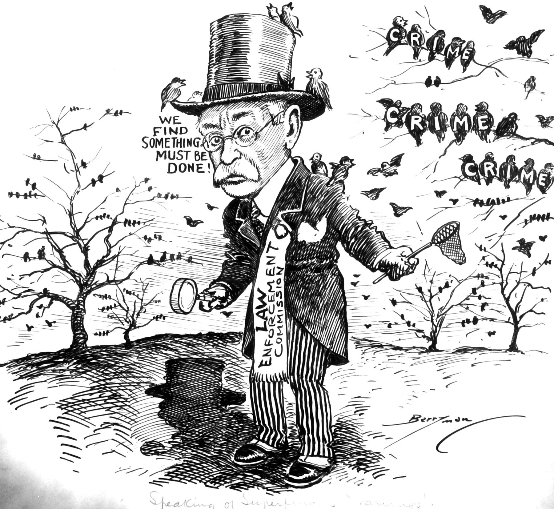 Pen drawing of an elderly man in a top hat with a sash marked Law Enforcement Commission, holding a magnifying glass and butterfly net, beneath bare trees where flocks of birds spell the word Crime.
