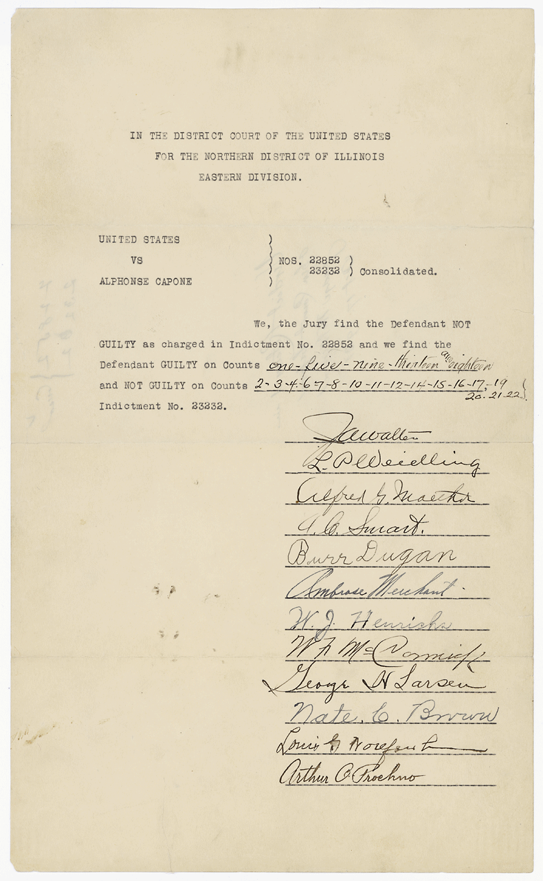 Typed verdict form headed In the District Court of the United States for the Northern District of Illinois, Eastern Division, United States vs Alphonse Capone, Nos. 22852 and 23232 consolidated, with the counts written in by hand and twelve juror signatures below.