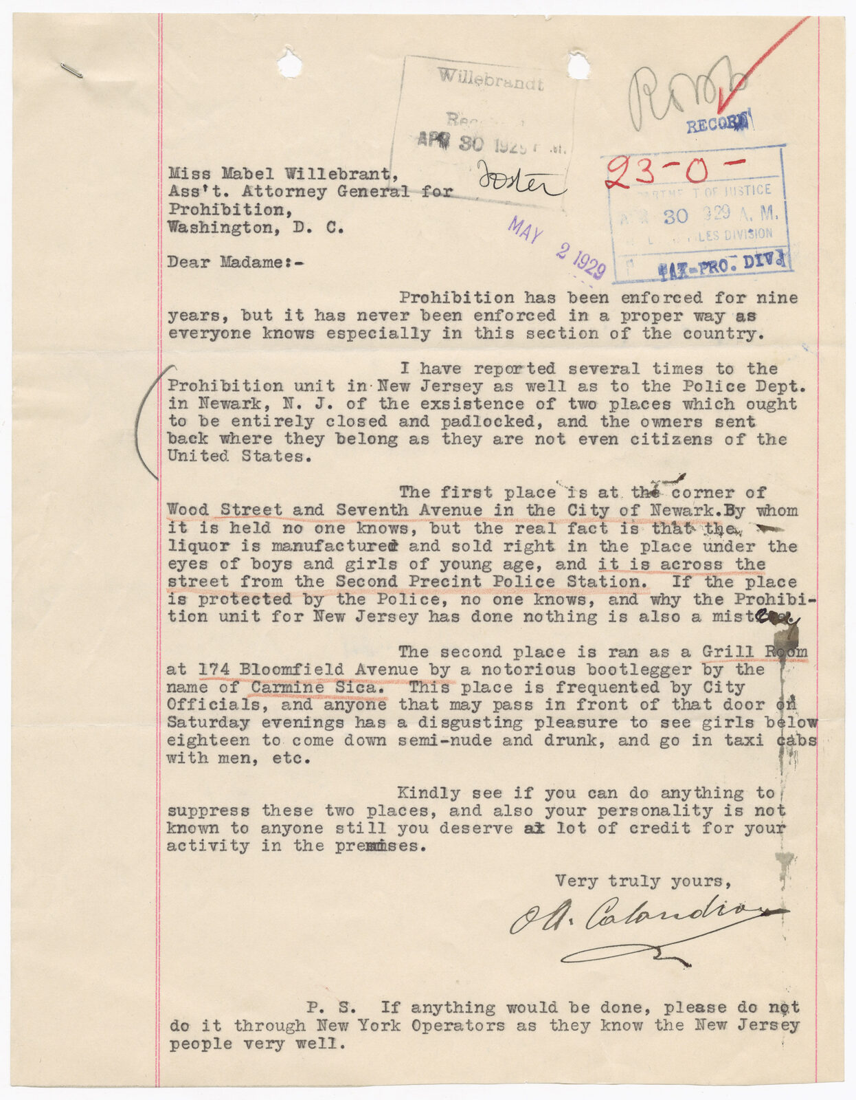 Typed letter addressed to Mabel Willebrandt with Department of Justice filing stamps.