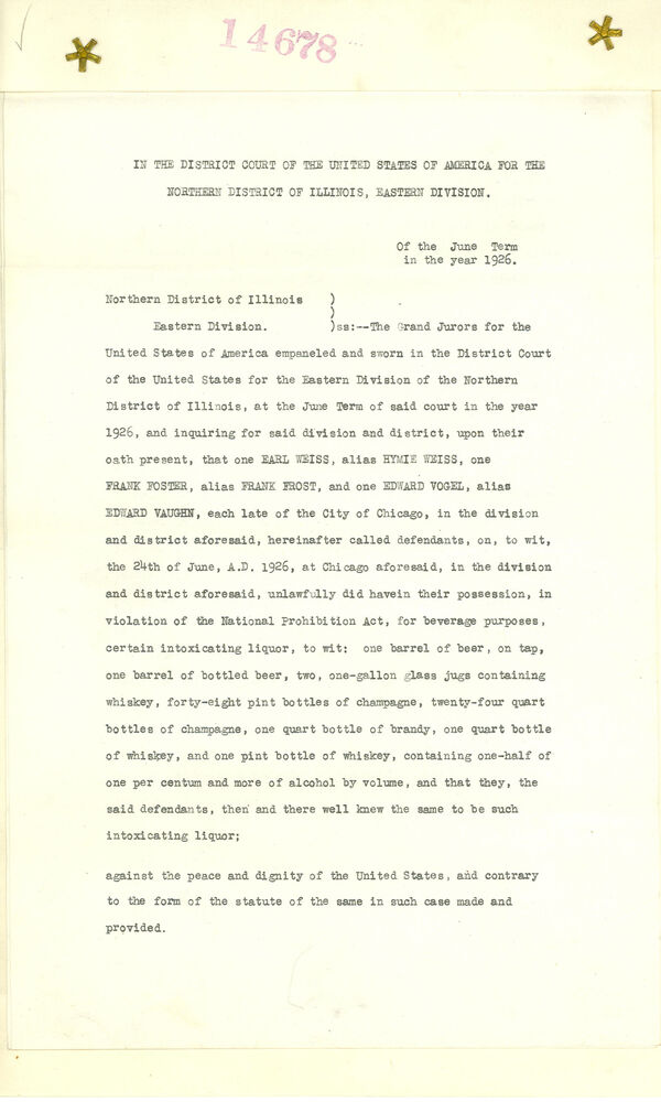 Typed charging page of the indictment, headed In the District Court of the United States of America for the Northern District of Illinois, Eastern Division, of the June Term in the year 1926, with the case number 14678 stamped at the top