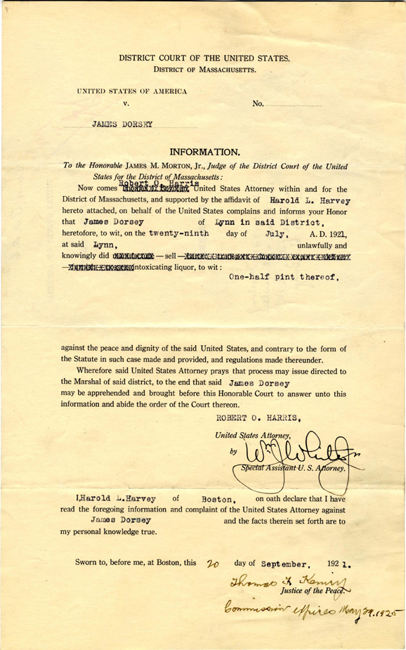 Page of the 1921 indictment of James Dorsey in the U.S. District Court for Massachusetts.