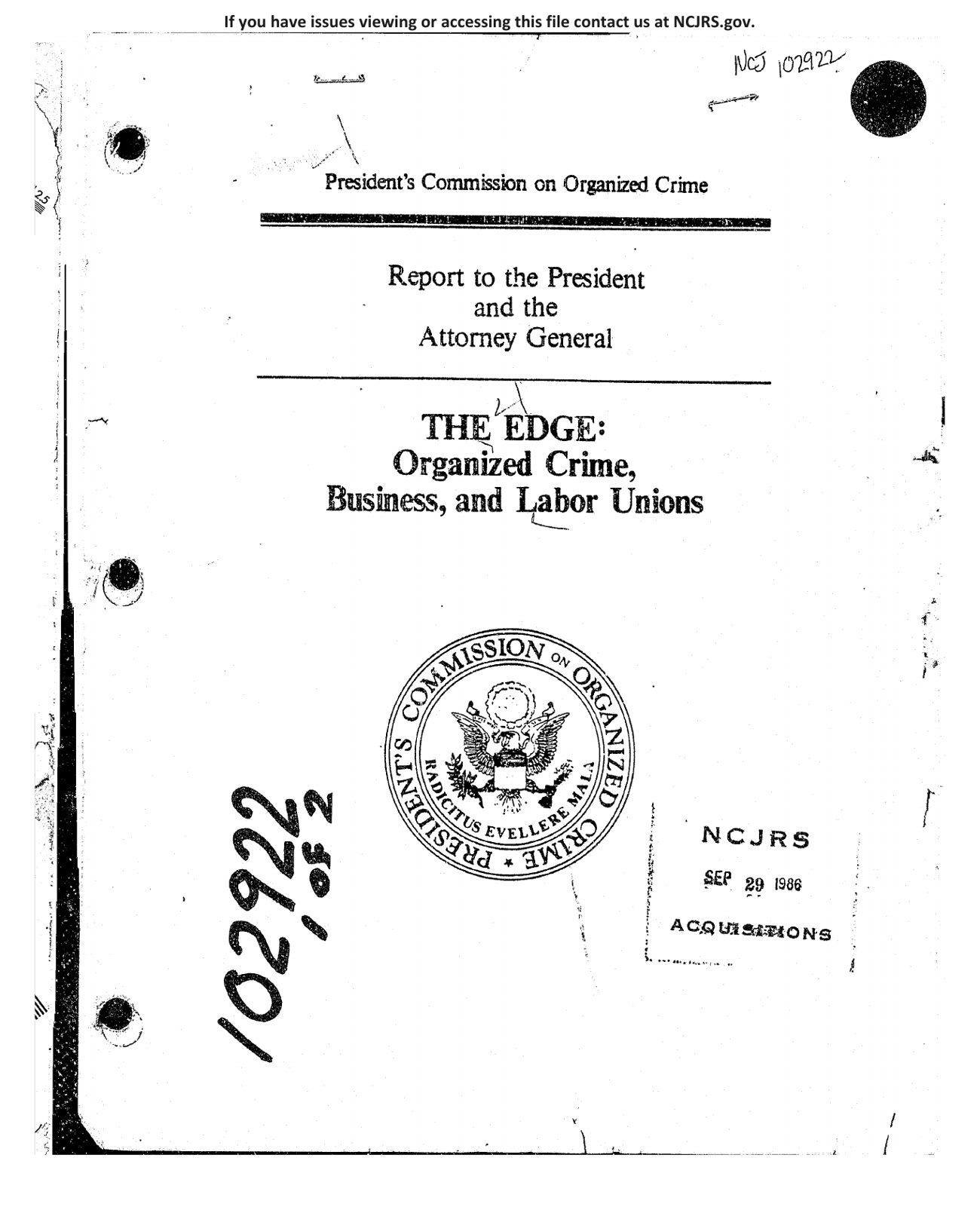 Cover of "The Edge: Organized Crime, Business, and Labor Unions," Report to the President and the Attorney General by the President's Commission on Organized Crime, with the Commission's seal and an NCJRS acquisitions stamp dated September 29, 1986.